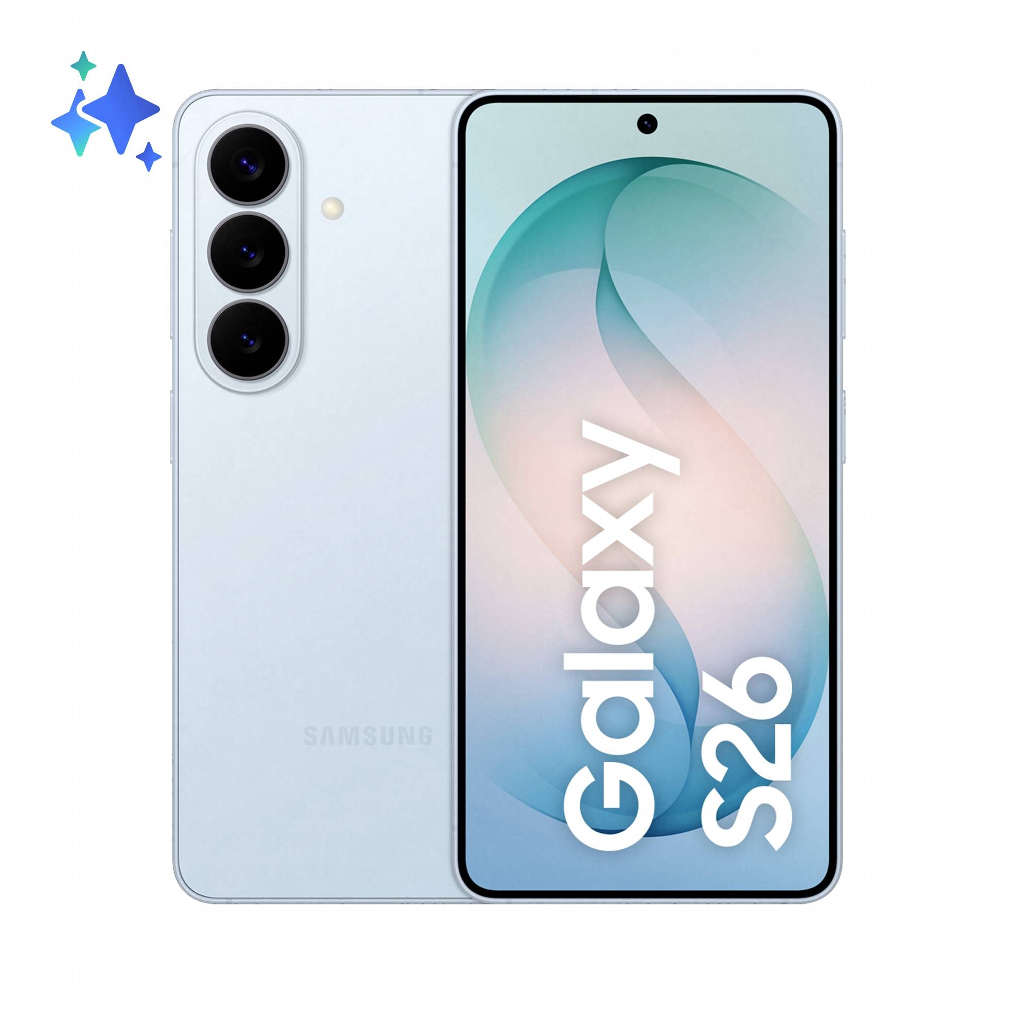 Samsung Galaxy S26 Smartphone in Hellblau von vorne und hinten gezeigt, mit Triple-Rückfahrkameras und 