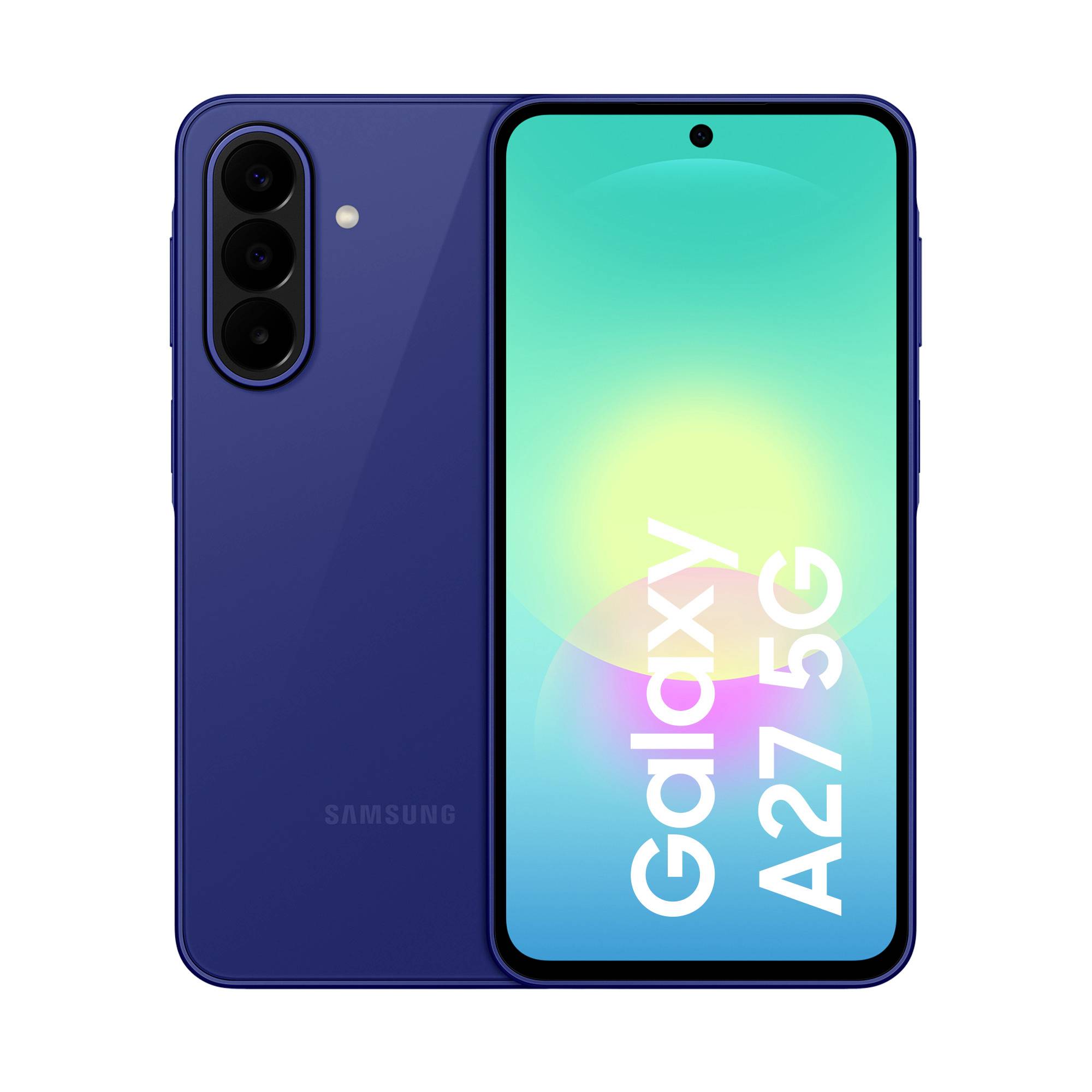 Blaues Samsung Galaxy A27 5G Smartphone von vorne und hinten gezeigt, mit dreifacher Rückkamera und „Galaxy A27 5G