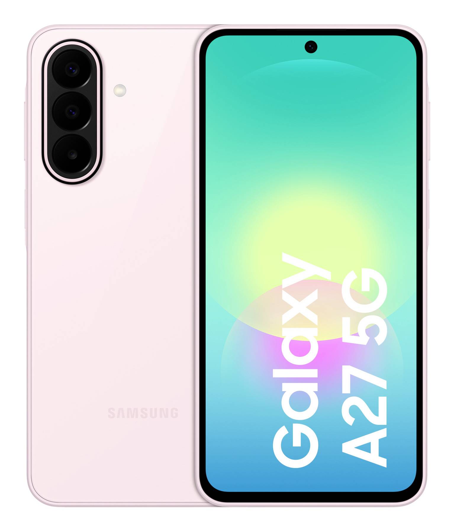 Schwarzes Samsung Galaxy A27 5G Smartphone von vorne und hinten dargestellt, mit dreifacher Rückkamera und dem Bildschirm zeigt „Galaxy A27 5G