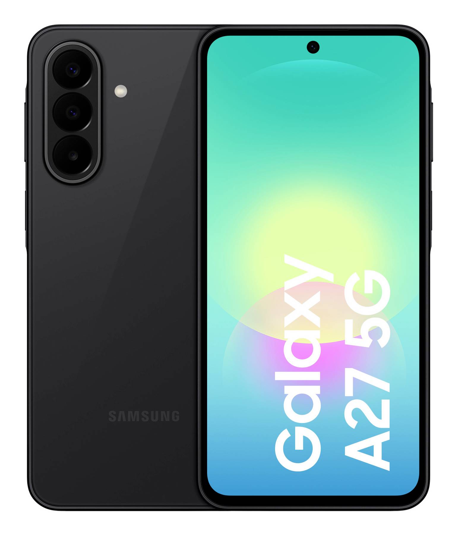 Vorder- und Rückansicht eines schwarzen Samsung Galaxy A27 5G Smartphones mit dreifacher Rückfahrtkamera und 