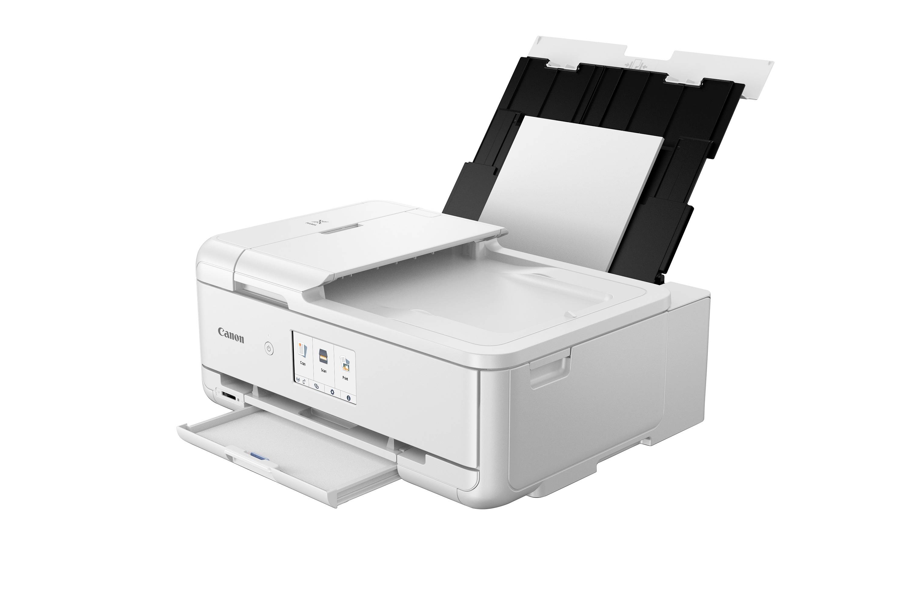 Weißer Canon Multifunktionsdrucker mit hinterer Papierzuführung und offener vorderer Papierschale auf einfachem Hintergrund.