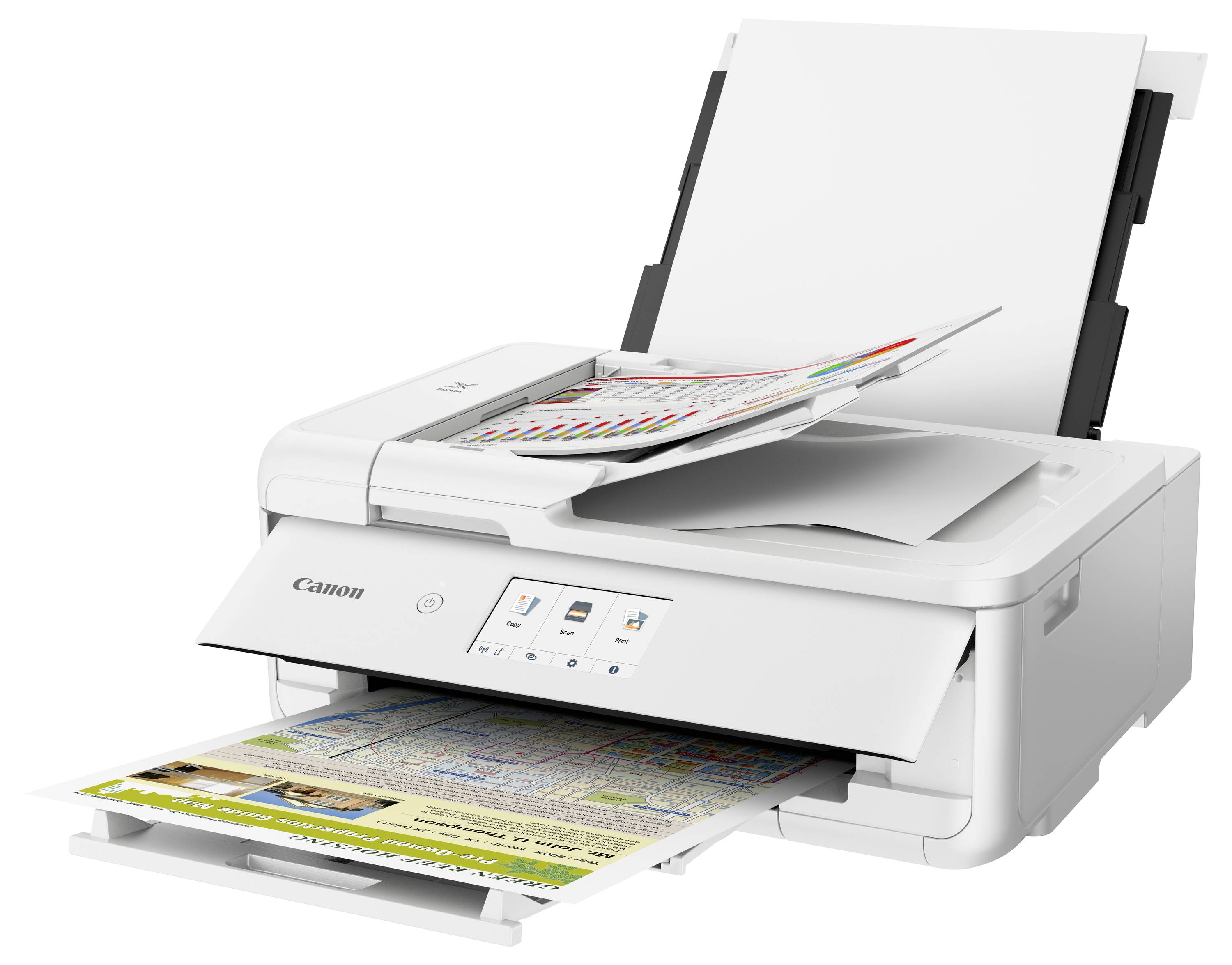 Weißer Canon-Multifunktionsdrucker scannt ein Dokument aus dem oberen Einzug, während er eine farbige Seite aus dem vorderen Tablett druckt.