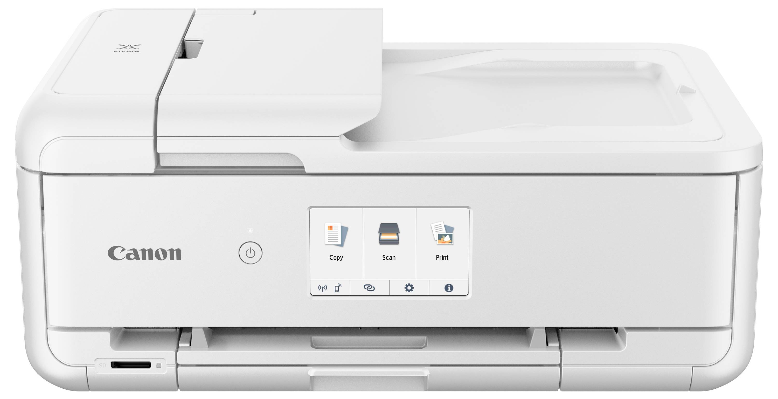 Weißer Canon Multifunktionsdrucker mit Touchscreen-Bedienelementen und Papierfach, Frontansicht auf neutralem Hintergrund.