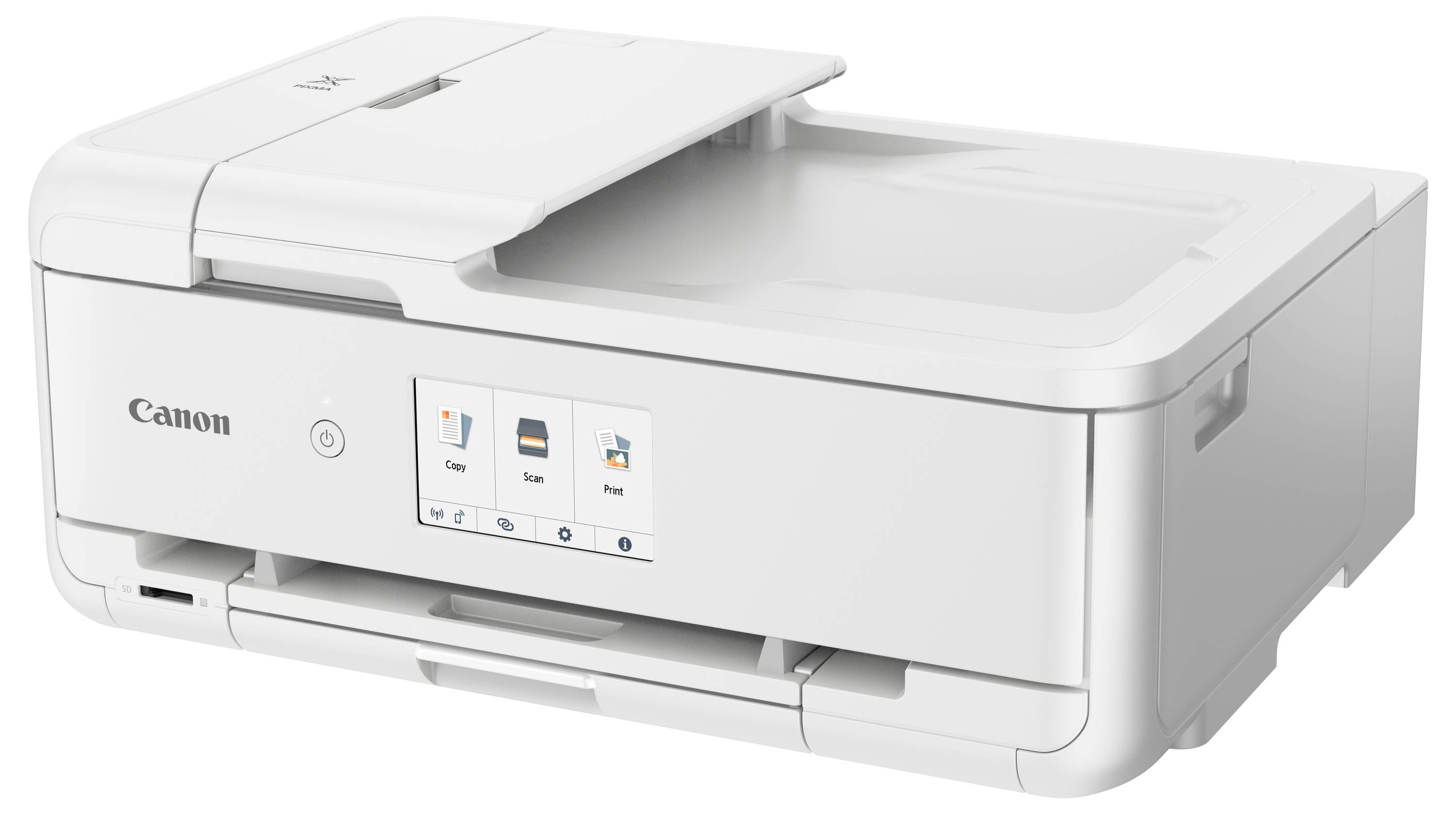 Weißer Canon Multifunktionsdrucker mit geöffnetem Scannerverschluss und Touchscreen-Display an der Vorderseite.