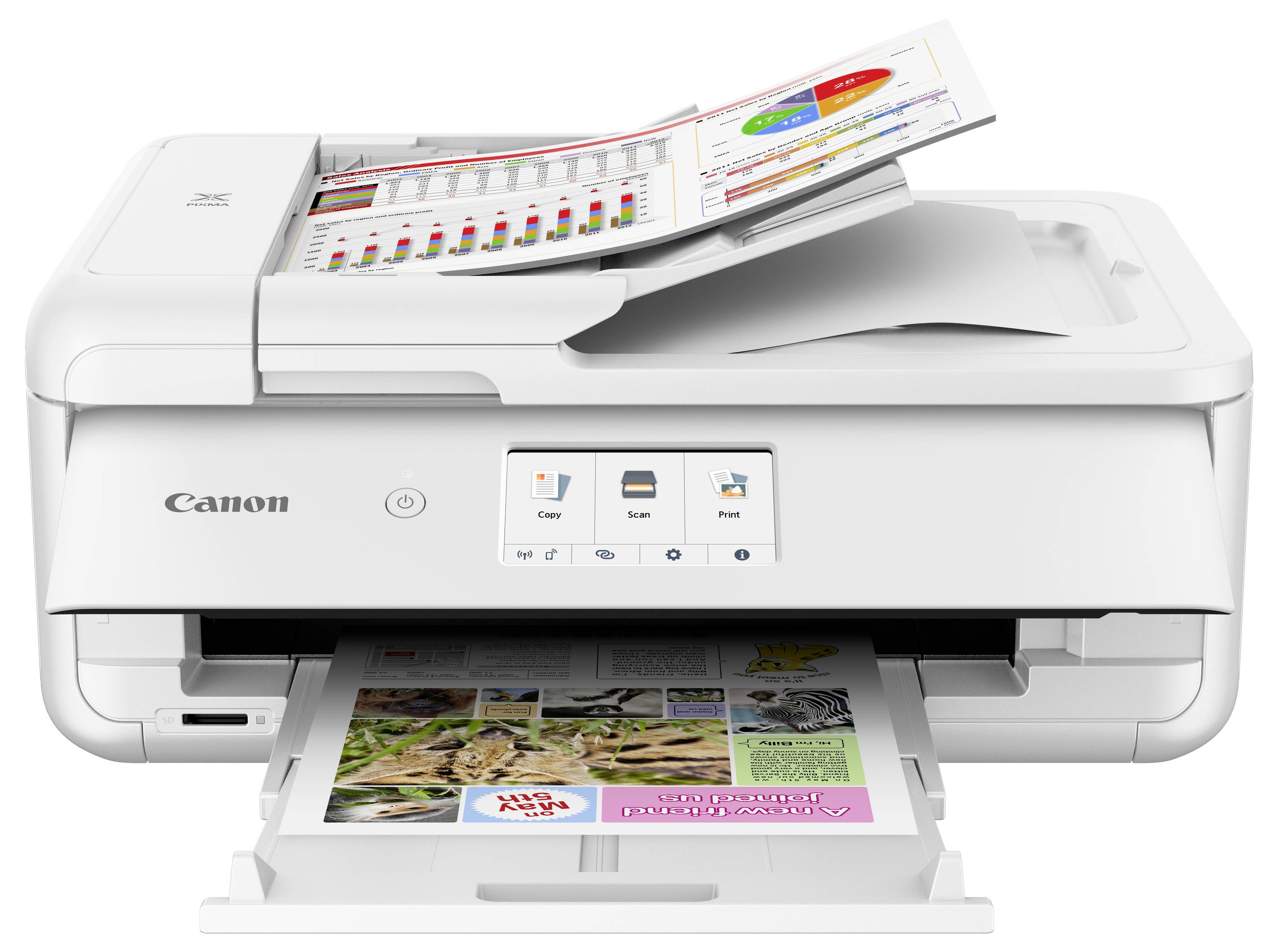 Weißer Canon All-in-One-Drucker, der ein Farbdokument druckt, mit Touchscreen-Bedienelementen und offener Papierschublade.