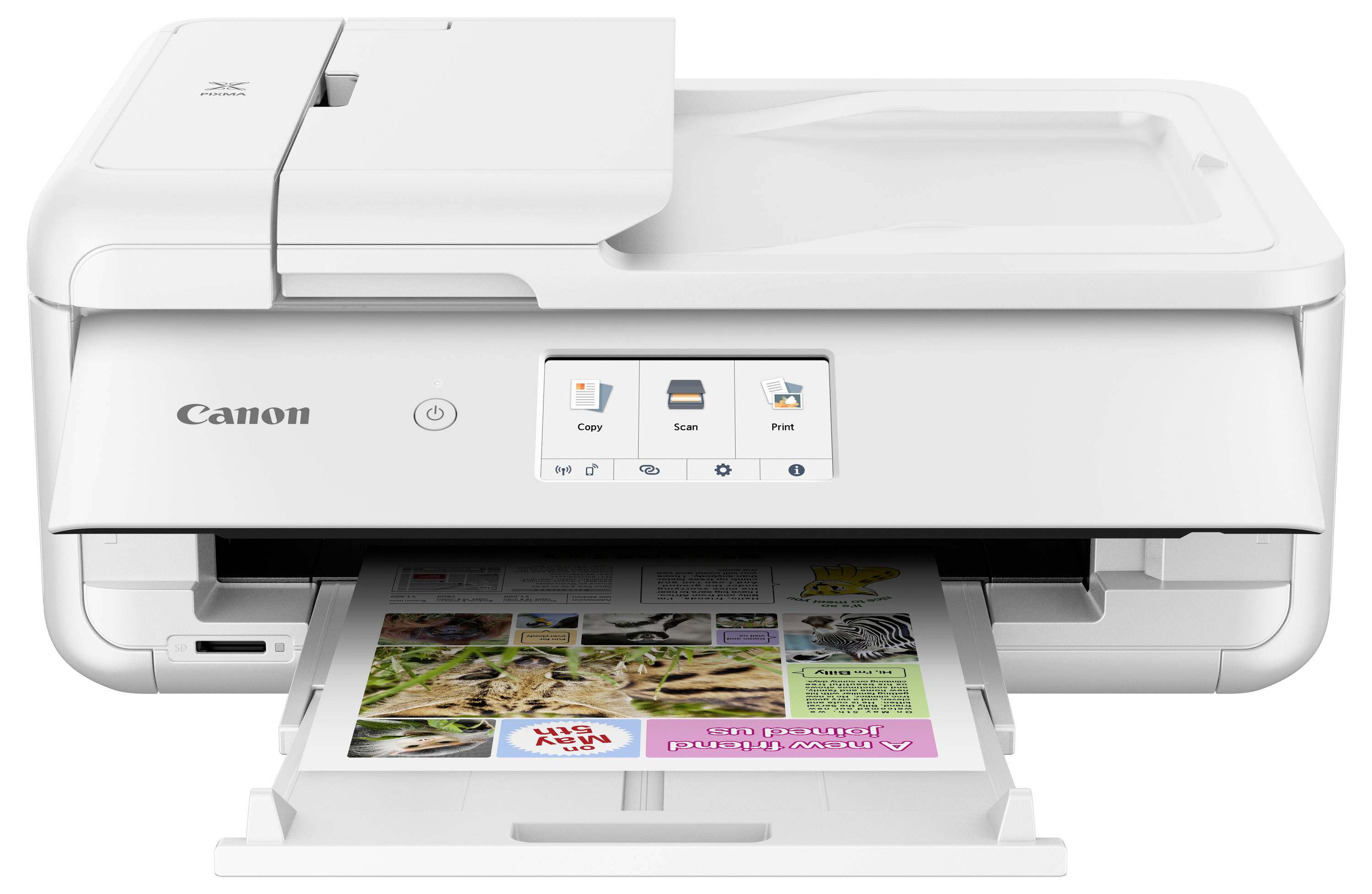 Weißer Canon Multifunktions-Tintenstrahldrucker, der eine farbige Seite aus dem offenen vorderen Tablett druckt, mit Kopier-, Scan- und Drucksteuerungen auf dem Display.