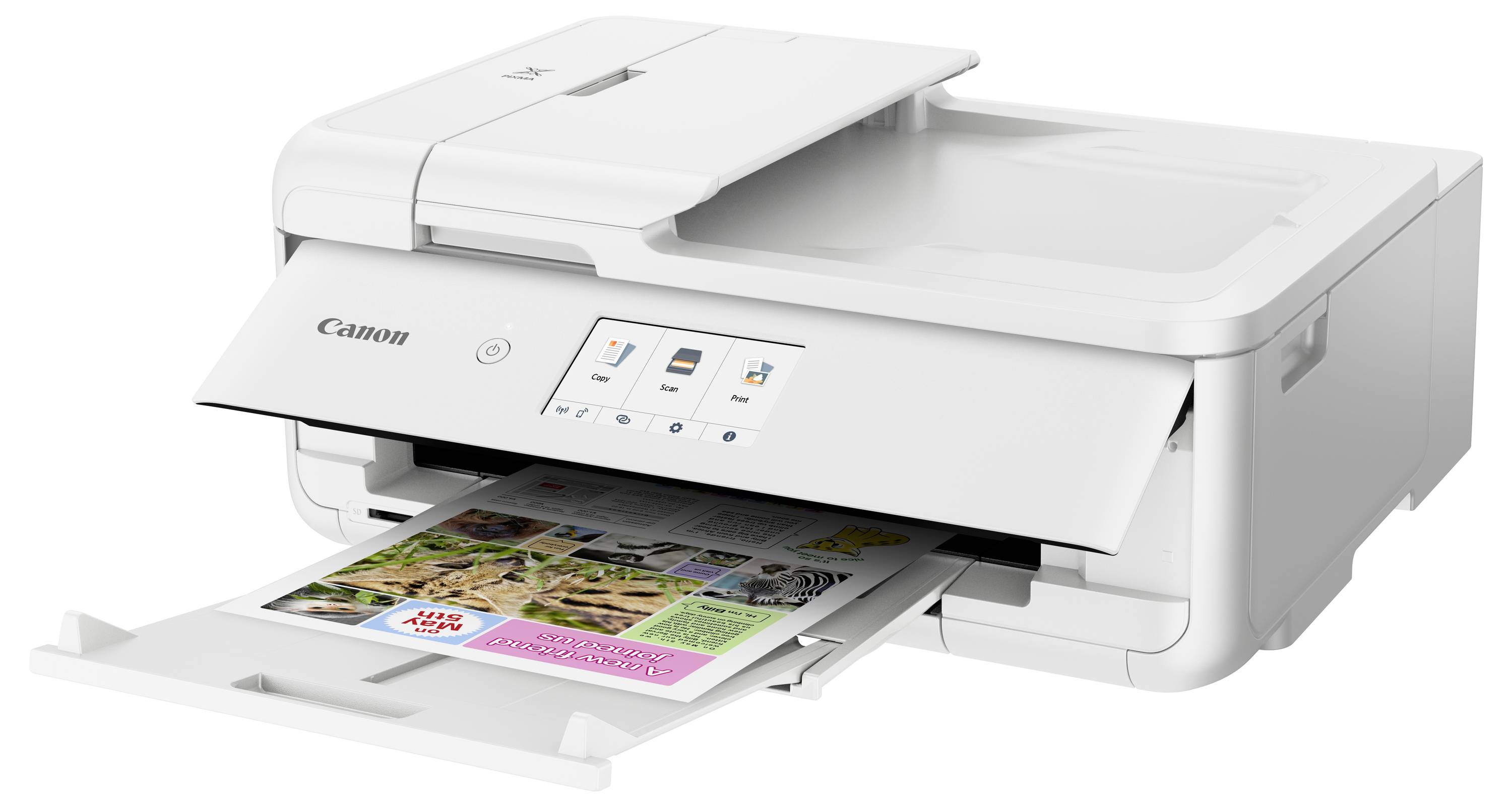 Weißer Canon Multifunktionsdrucker, der ein Farbdokument scannt und druckt, mit Touchscreen-Bedienfeld und ausgefahrenem Papierfach.