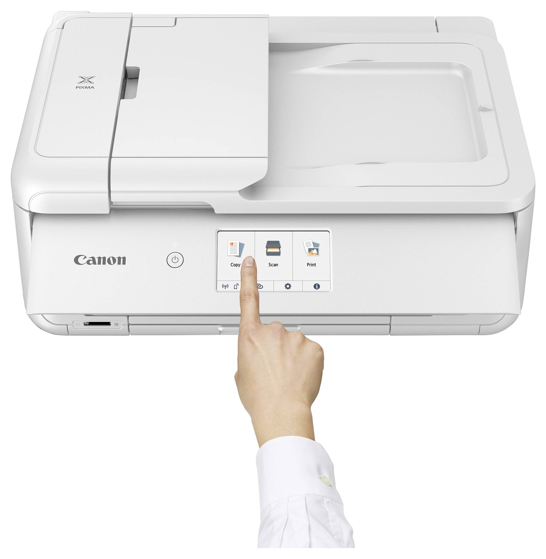 Eine Hand tippt auf den Touchscreen eines Canon Multifunktionsdruckers und wählt 