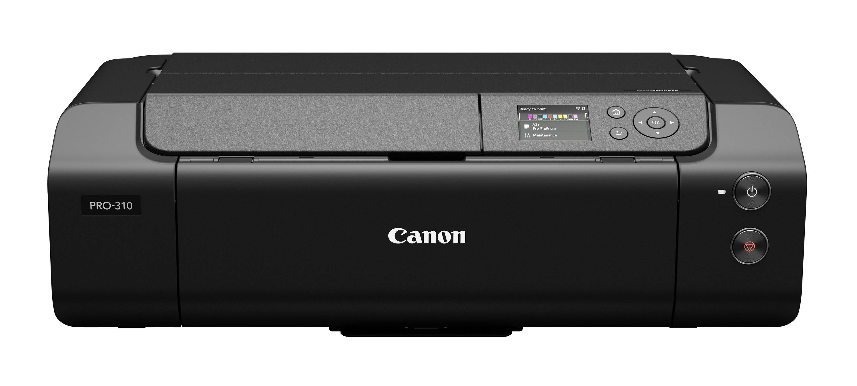 Vorderansicht eines Canon PRO-310 Fotodruckers auf weißem Hintergrund, die die Bedienungsleiste und den Papierausgabeschacht zeigt.