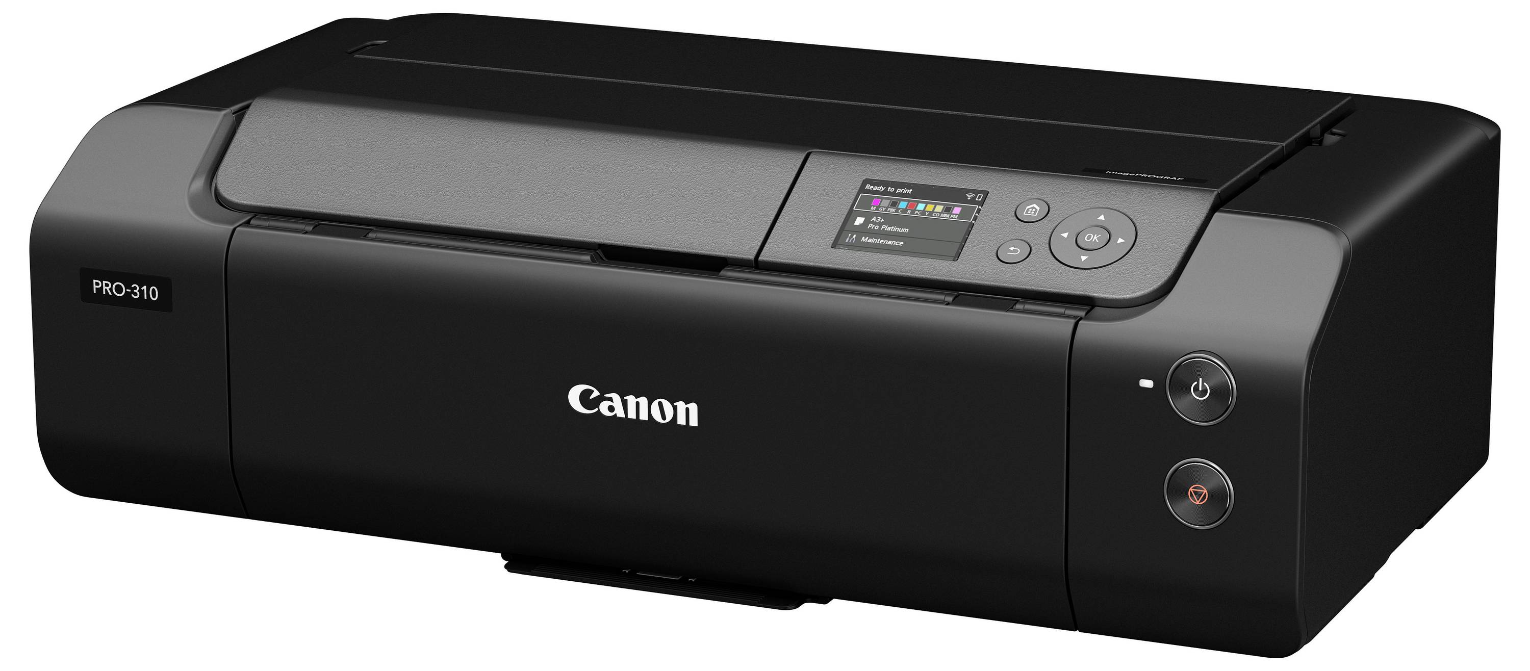 Canon PRO-310 Fotodrucker in Schwarz, Frontansicht gezeigt, mit sichtbarem Bedienfeld und Netzschaltern.