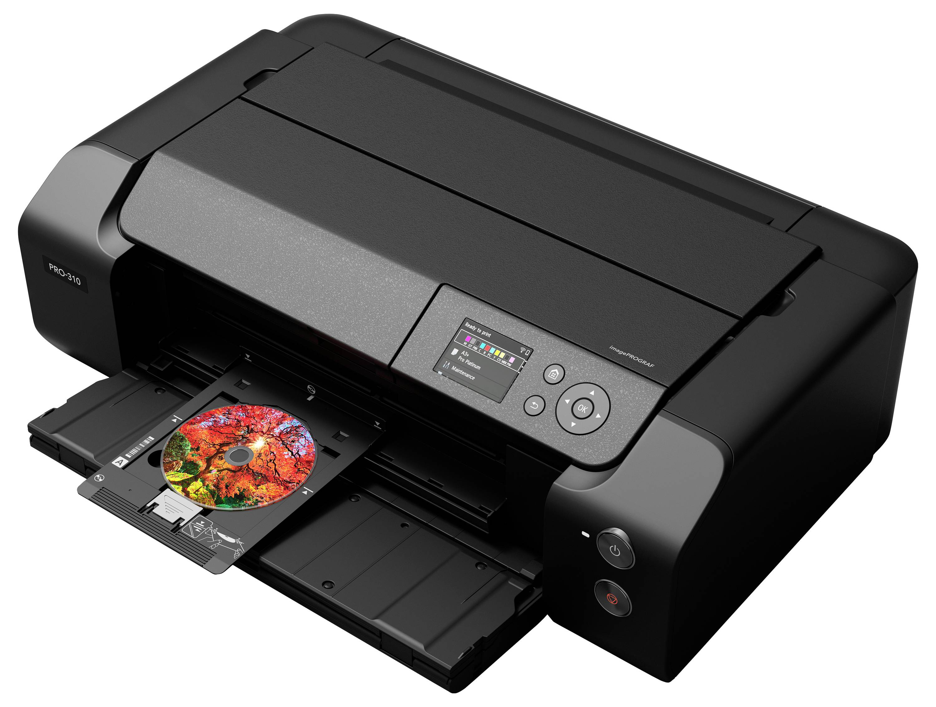 Schwarzer Epson Tintenstrahldrucker druckt eine farbige Scheibe auf einem offenen Tablett, mit sichtbarem vorderen Bedienfeld.