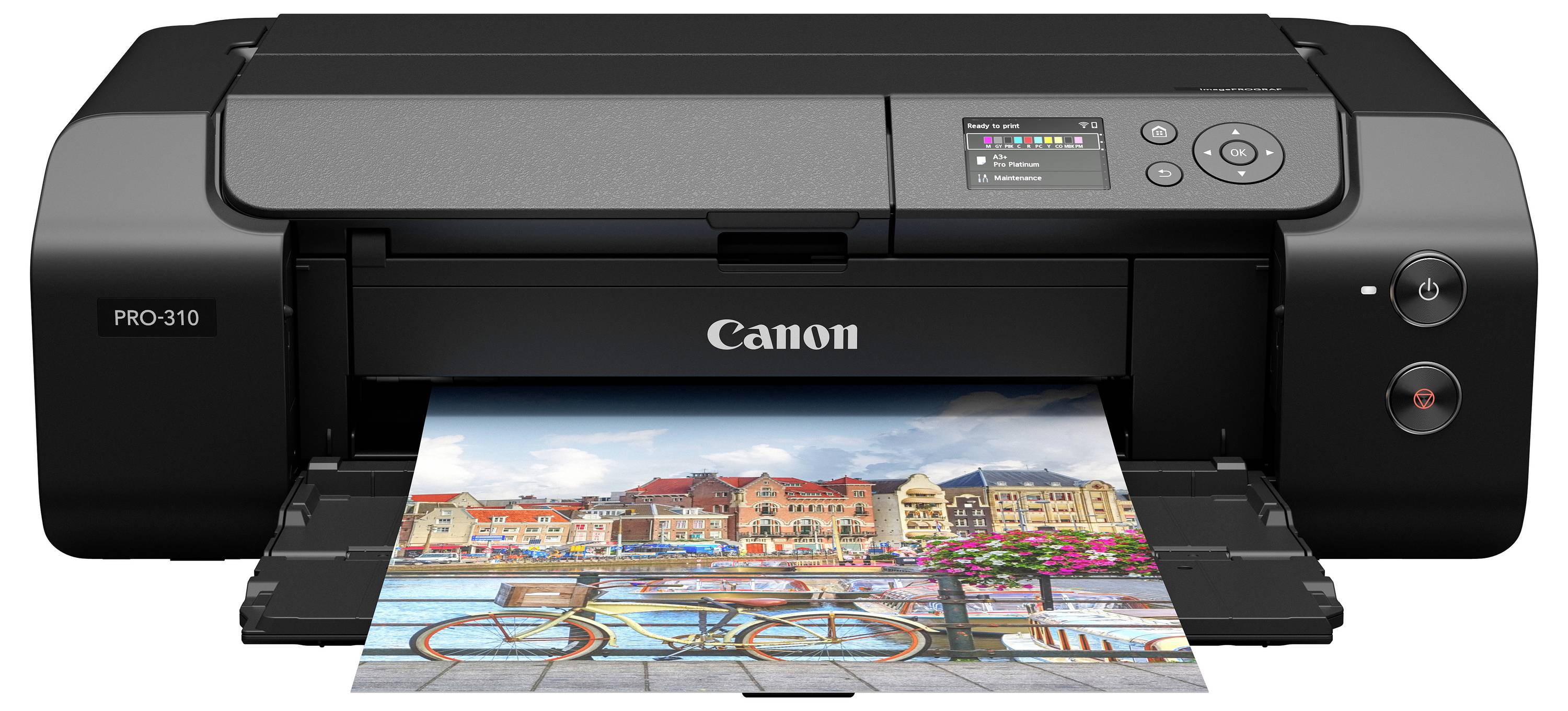 Canon PRO-310 Fotodrucker druckt ein farbiges Landschaftsbild von Gebäuden am Wasser und Fahrrädern.