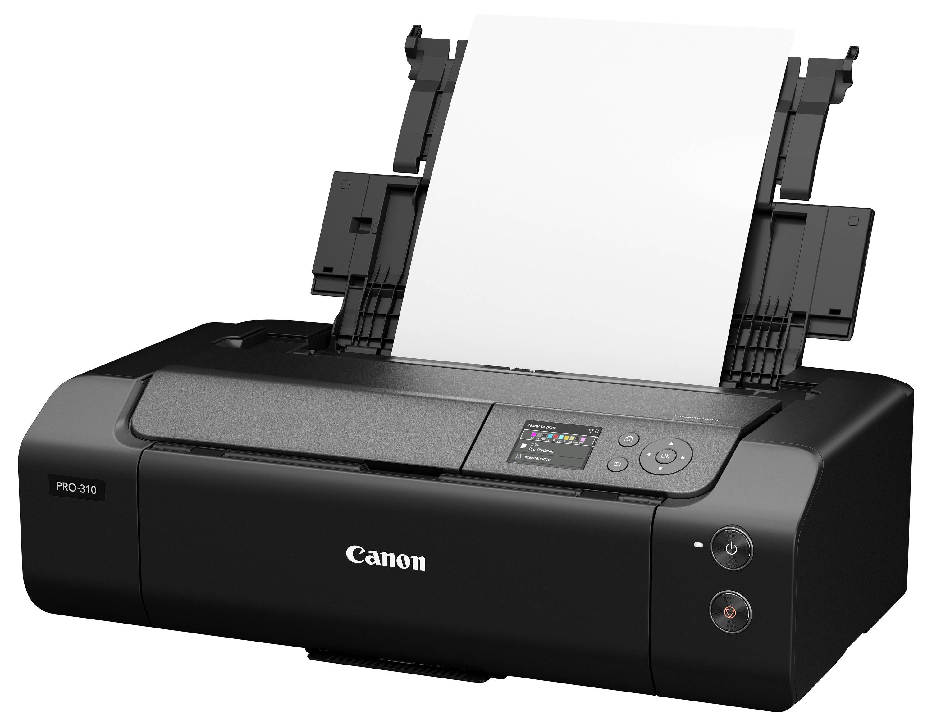 Canon PRO-310 Fotodrucker mit Papier in der hinteren Schublade und sichtbarem Bedienfeld.
