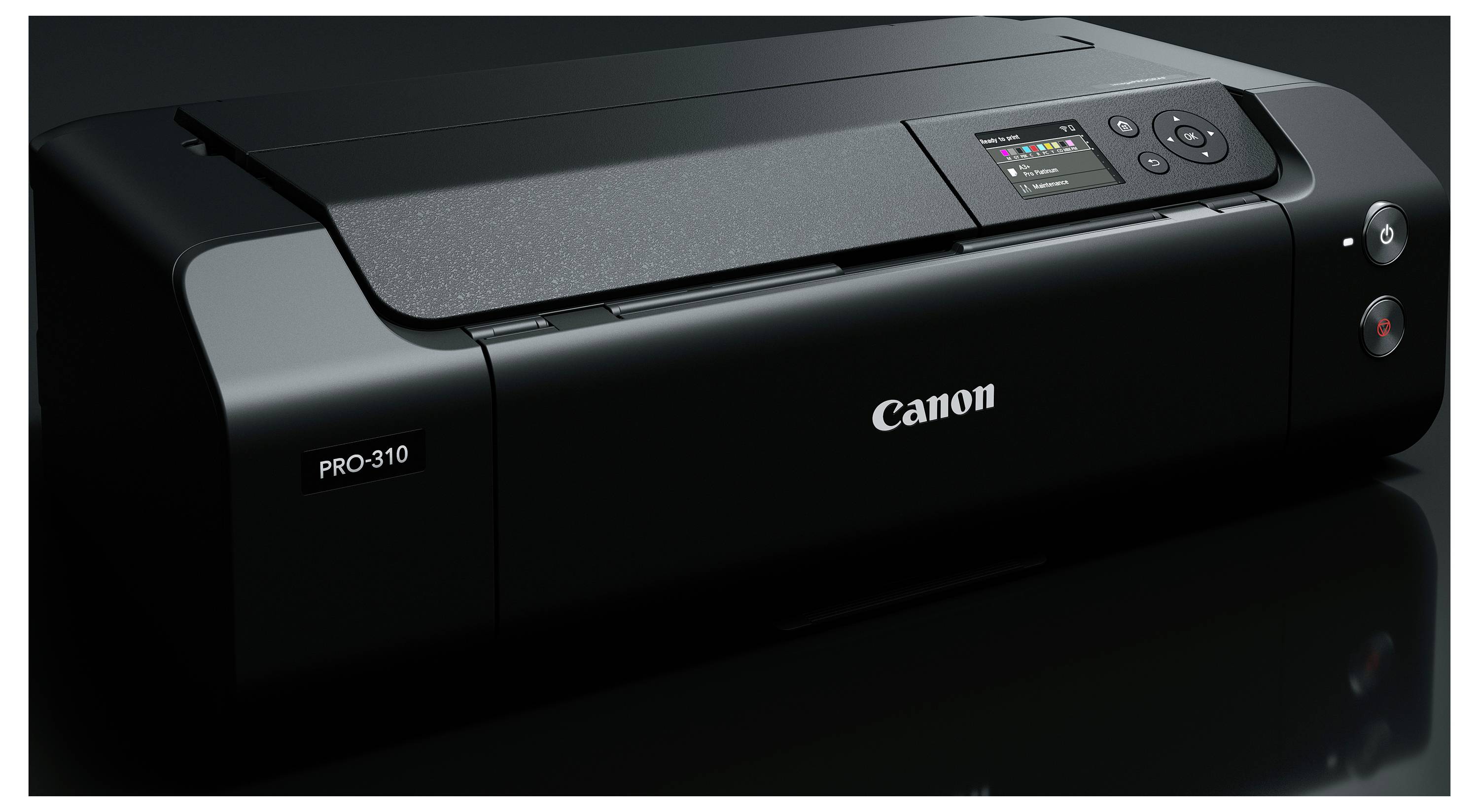 Schwarzer Canon PRO-310 Fotodrucker in Nahaufnahme, mit sichtbarem Bedienfeld und Canon-Logo.