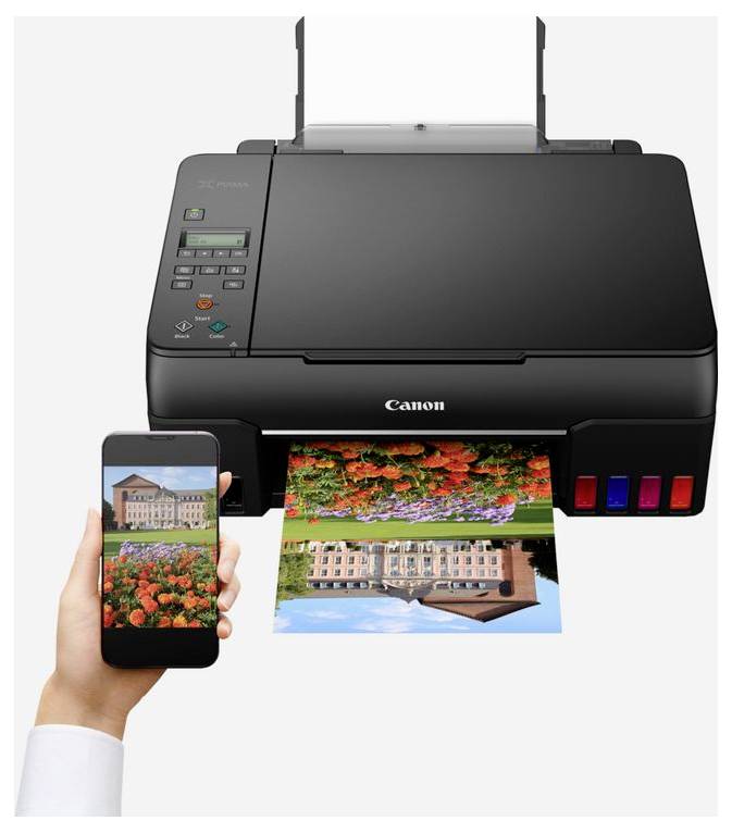 Kanonischer Drucker druckt ein Foto von einem Smartphone und zeigt drahtlose mobile Fotodrucke.