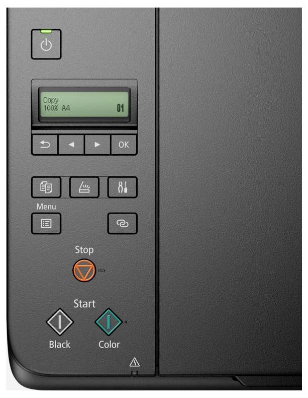 Nahaufnahme eines Drucker-/Kopierer-Bedienfelds mit Display, Menütasten und Starttasten für Schwarzweiß- und Farbkopien.