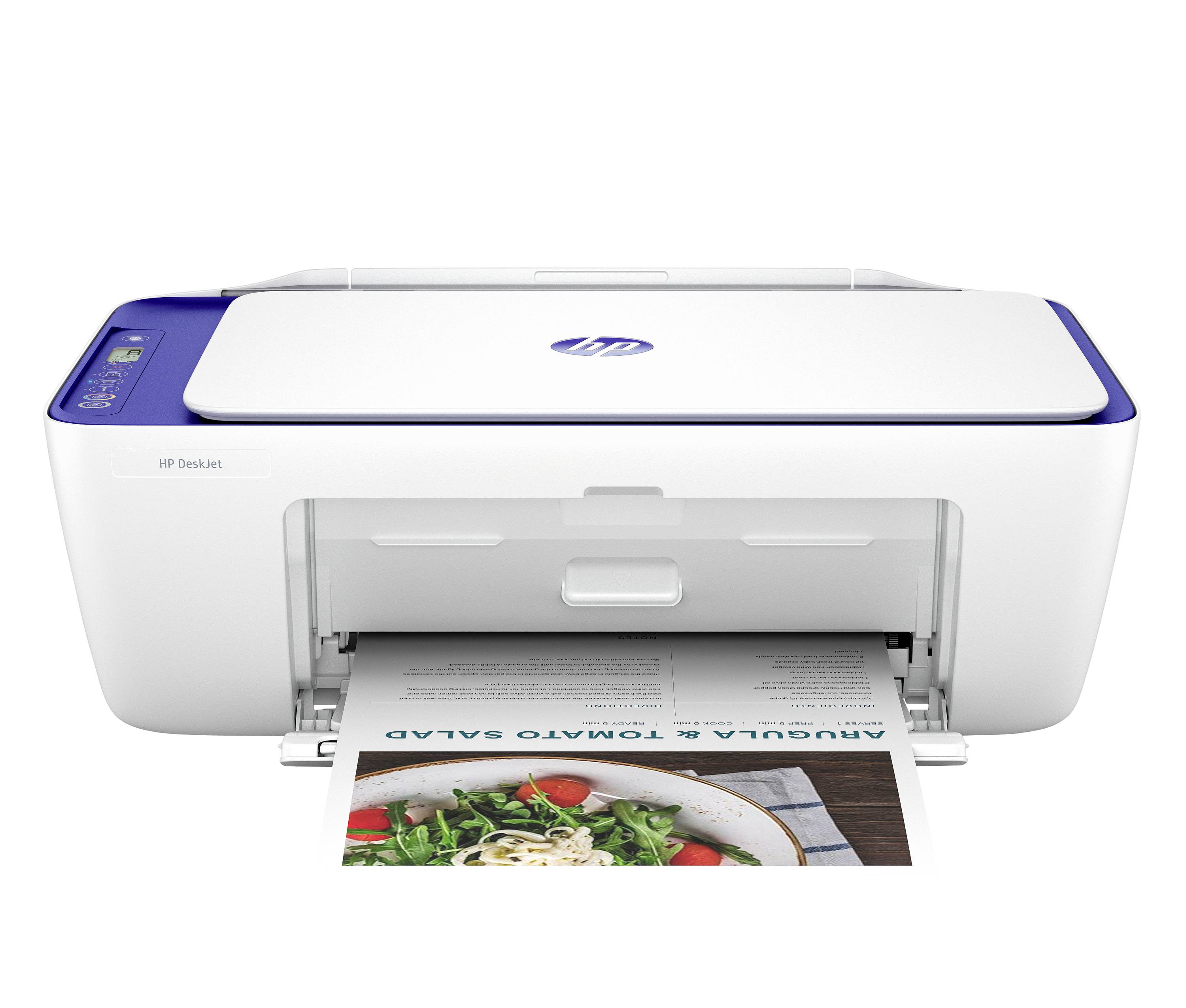 Vorderansicht eines HP DeskJet-Druckers, der eine farbige Fotoseite mit Essen und dem Text „AQUA TO MATO SALAD