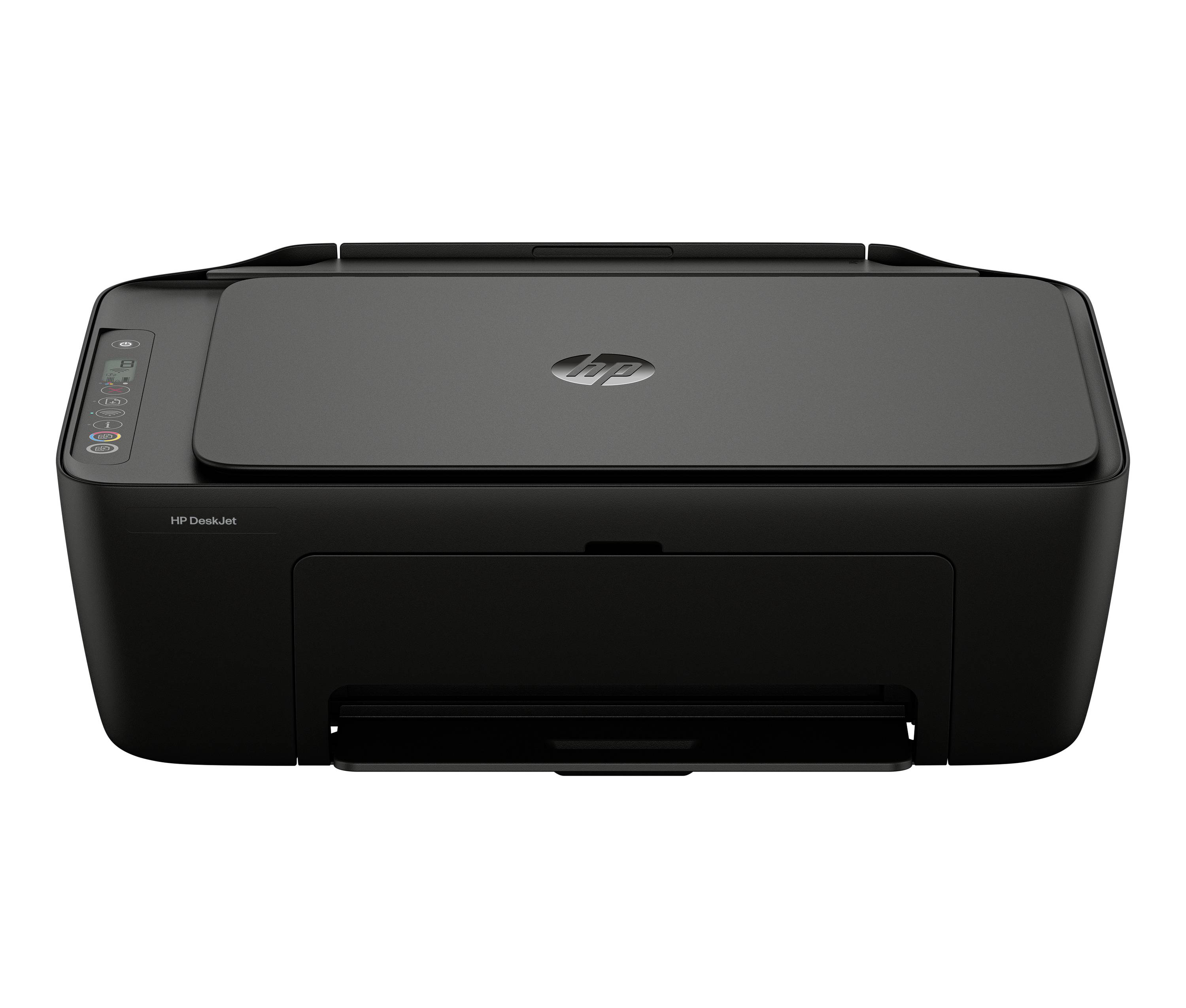 Schwarzer HP DeskJet Multifunktionsdrucker in Vorderansicht auf weißem Hintergrund.