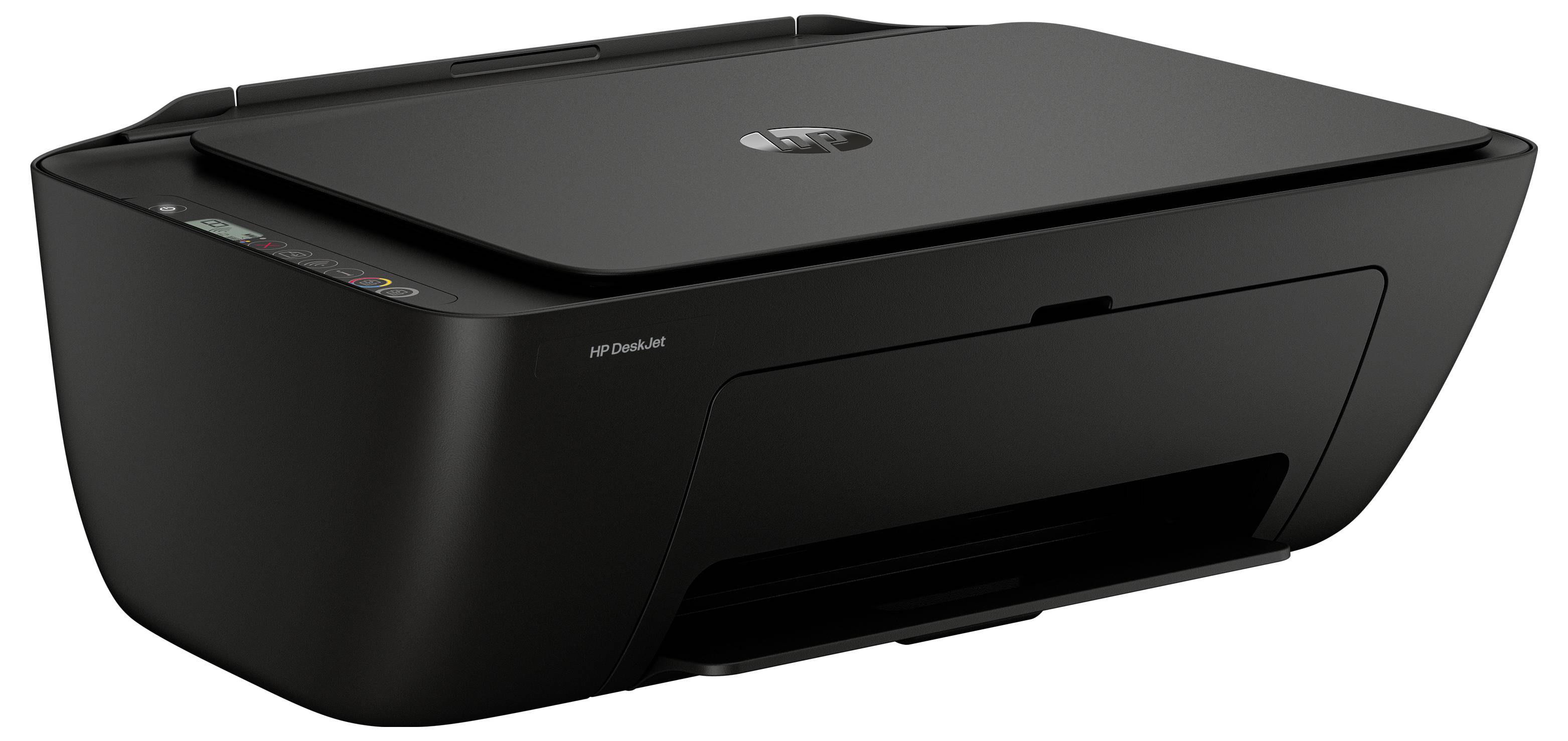 Schwarzer HP DeskJet Multifunktionsdrucker in Dreiviertelsansicht auf weißem Hintergrund.