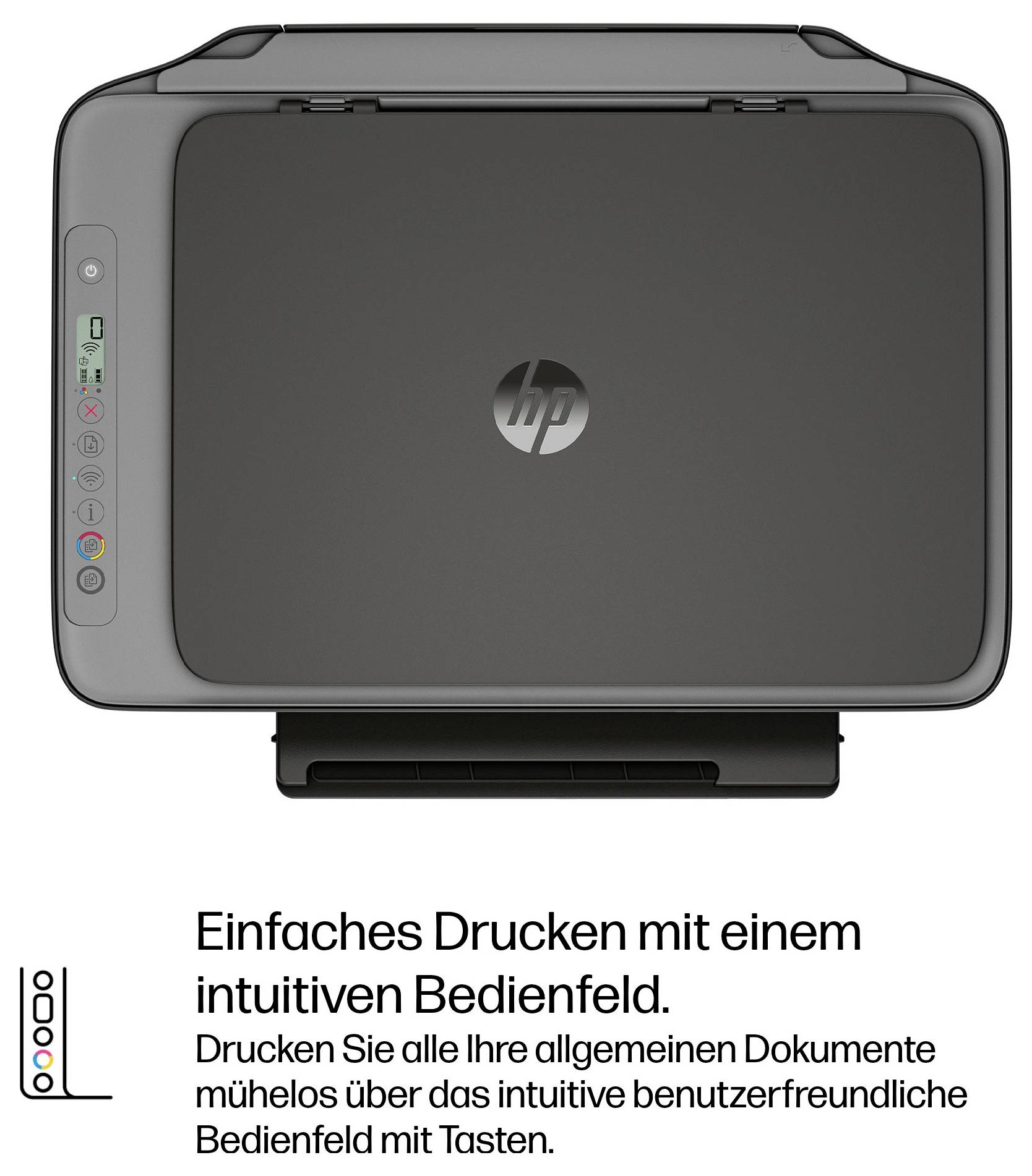 HP-Drucker von vorne gezeigt mit deutschem Text: „Einfaches Drucken mit einem intuitiven Bedienfeld
