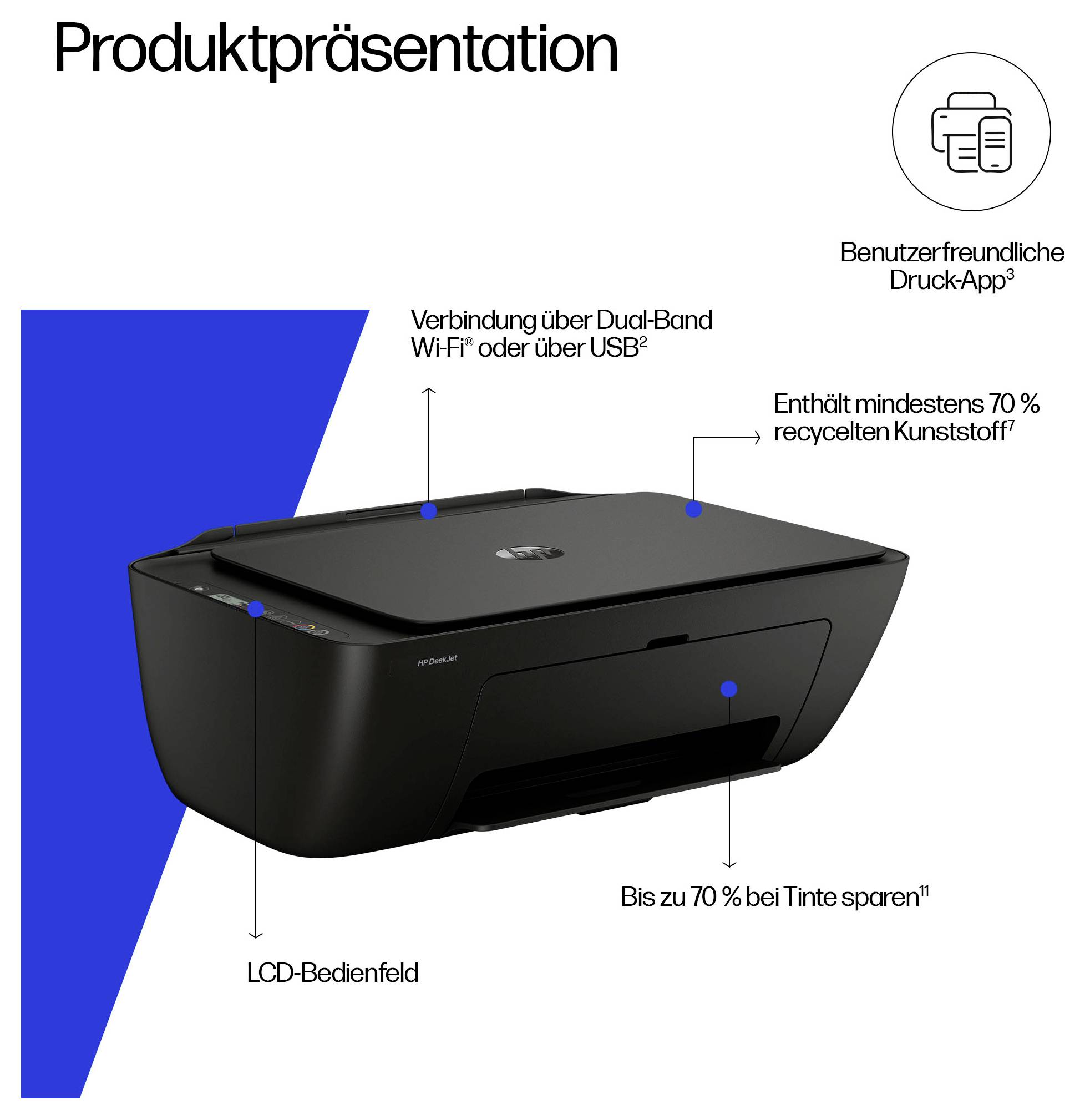 Produktpräsentation eines schwarzen Druckers mit Hinweisen: Dual-Band-Wi-Fi oder USB-Verbindung, benutzerfreundliche Druck-App, mindestens 70% recycelter Kunststoff, LCD-Bedienfeld und bis zu 70% Tinteneinsparungen.