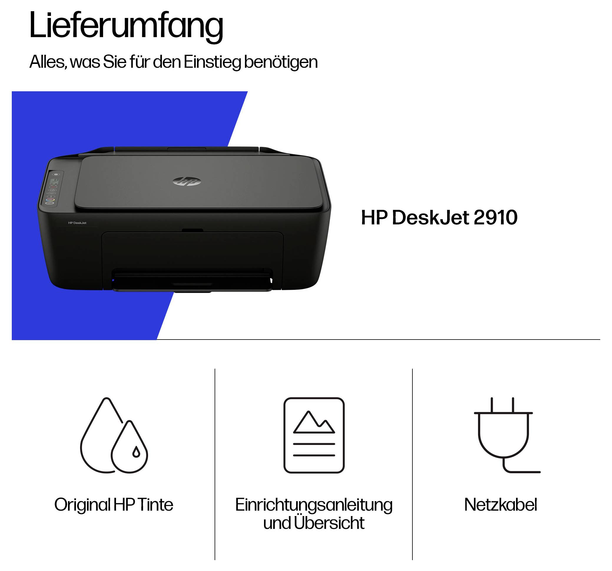 HP DeskJet 2910 Druckerpaketinhalt: Drucker, originale HP-Tinte, Anleitung und Übersicht, und Stromkabel.