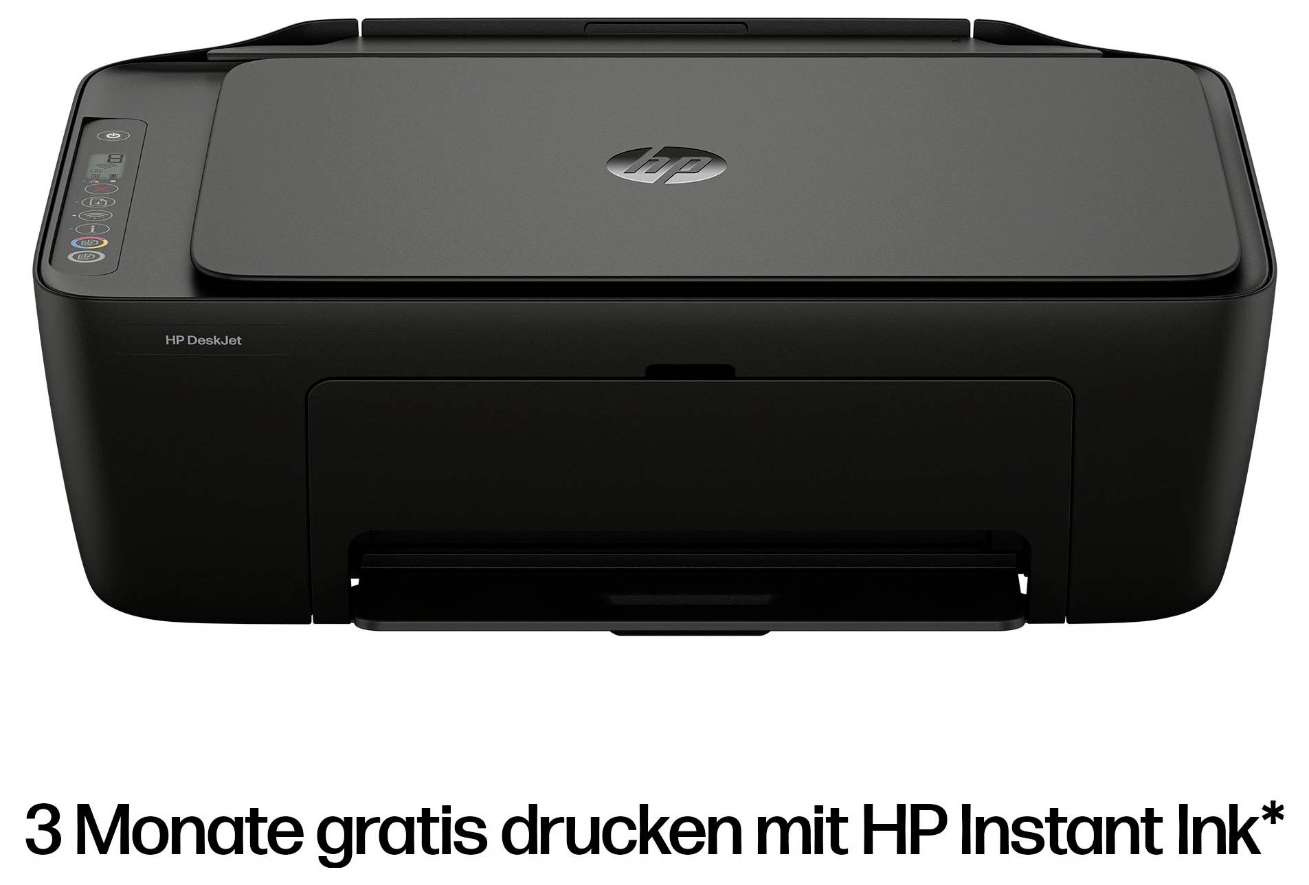 Schwarzer HP DeskJet Drucker mit dem Text „3 Monate kostenlos drucken mit HP Instant Ink*" darunter.