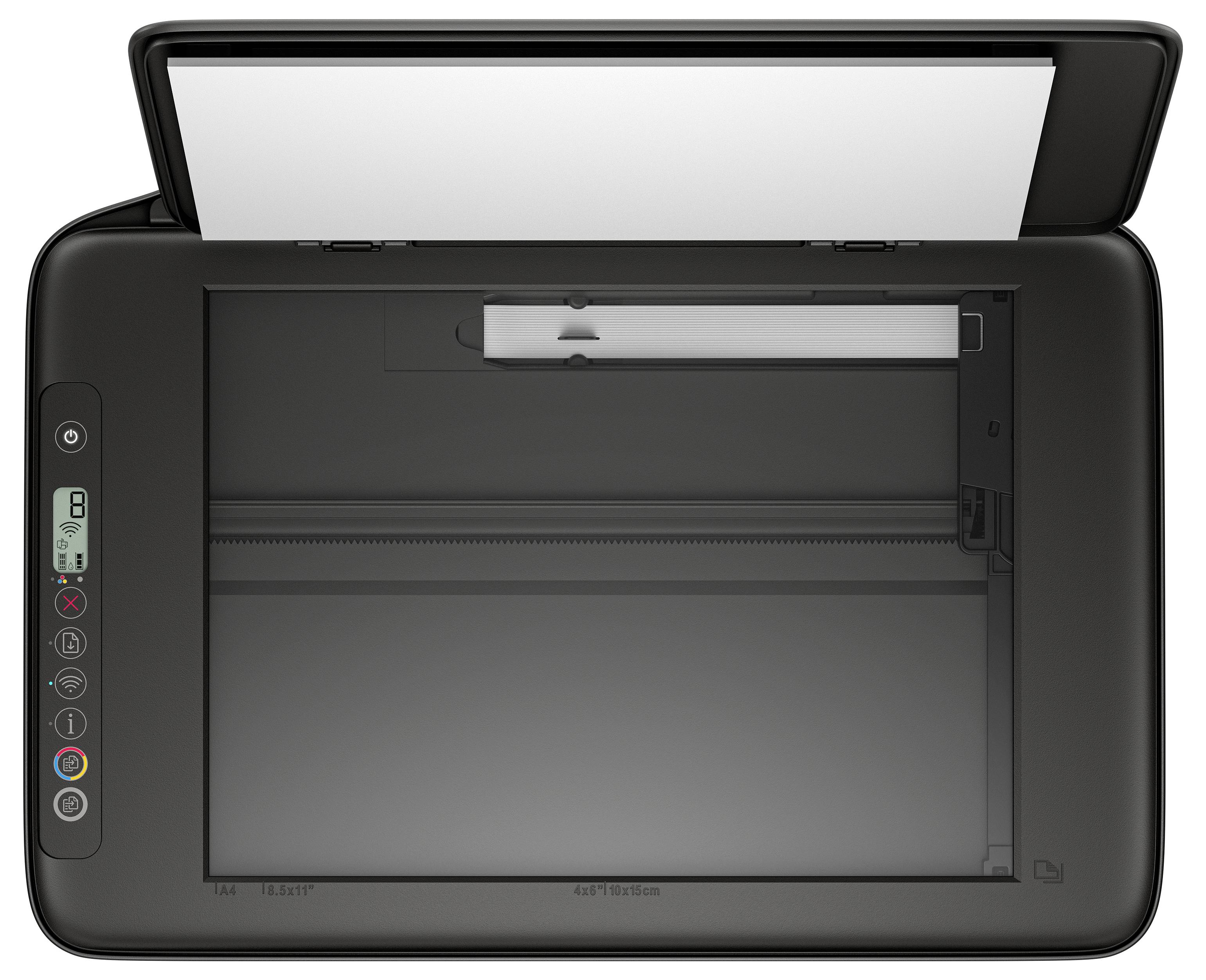 Schwarzer Multifunktionsdrucker mit geöffnetem Scannnerdeckel, der die leere Flachbettglasplatte zeigt, Bedienfeld auf der linken Seite und Papier in das hintere Fach geladen.