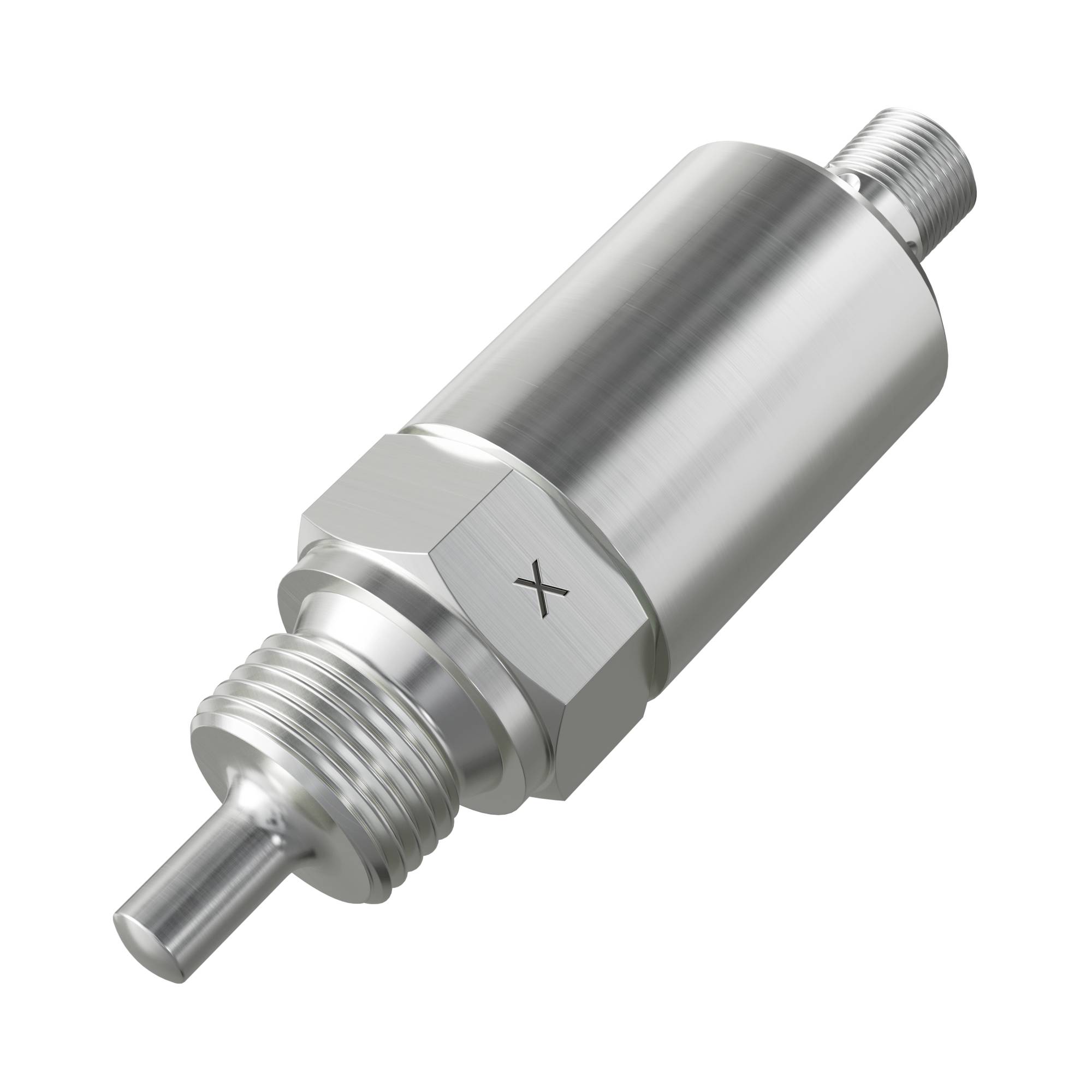 Metallischer Drucksensor mit Gewinde-Anschlüssen und Sechskantbefestigung, isoliert auf weißem Hintergrund dargestellt.