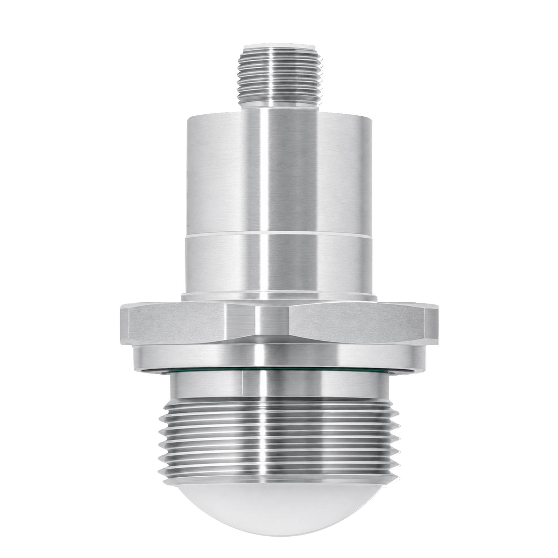 Edelstahl-Gewinde-Industrie-Sensor oder -Verbindung mit sechskantigem Körper und abgerundeter weißer Spitze auf weißem Hintergrund.