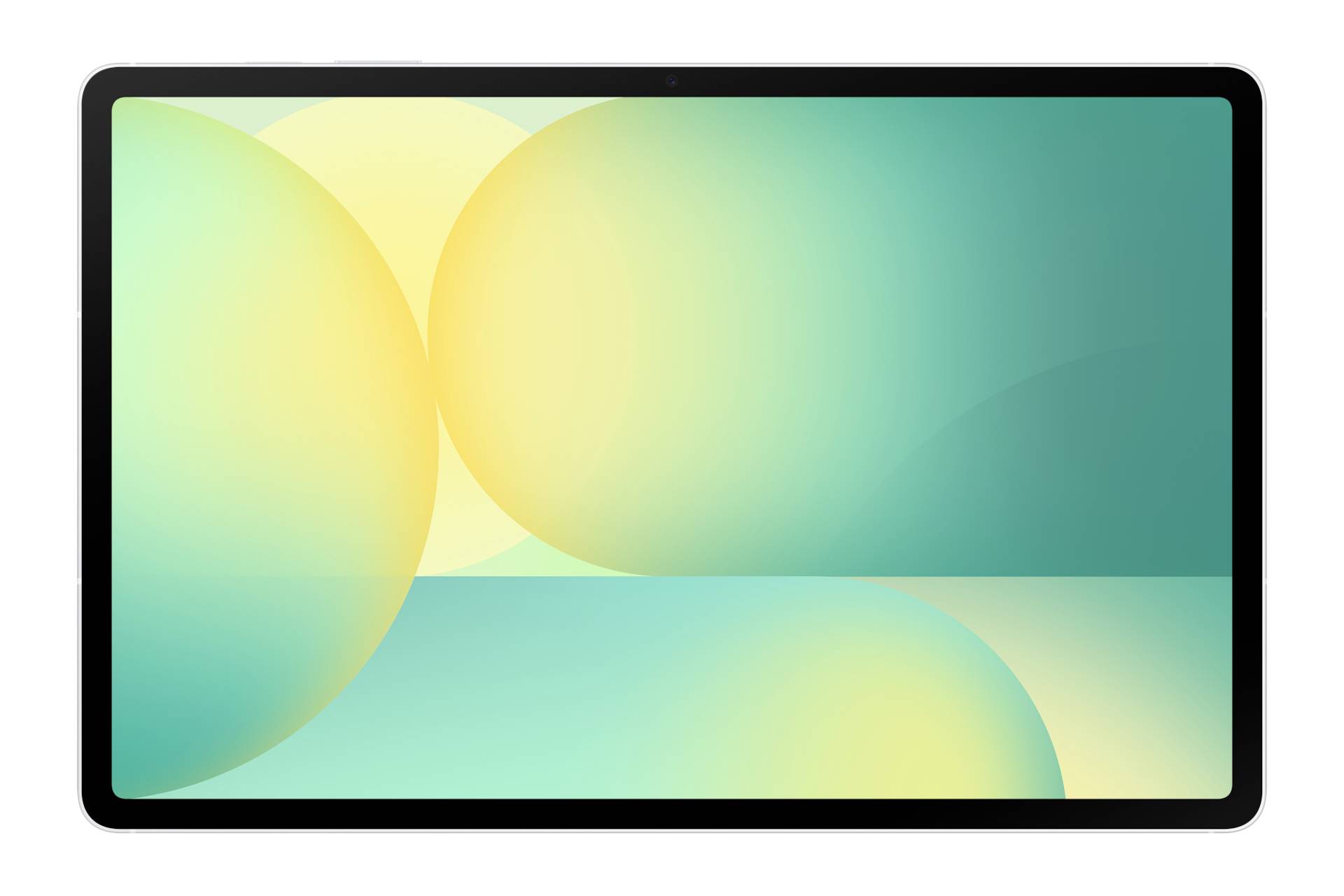 Tablet mit schwarzem Rahmen, das ein abstraktes Hintergrundbild mit Farbverlauf in Blaugrün, Grün und Gelb mit überlappenden Kreisen anzeigt.