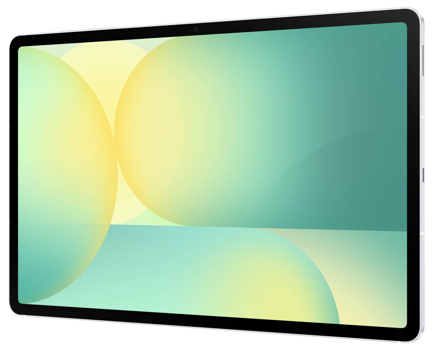 Tablet-Bildschirm mit einer abstrakten Hintergrundtapete in Blaugrün und Gelb mit überlappenden durchscheinenden Kreisen und Farbverläufen.