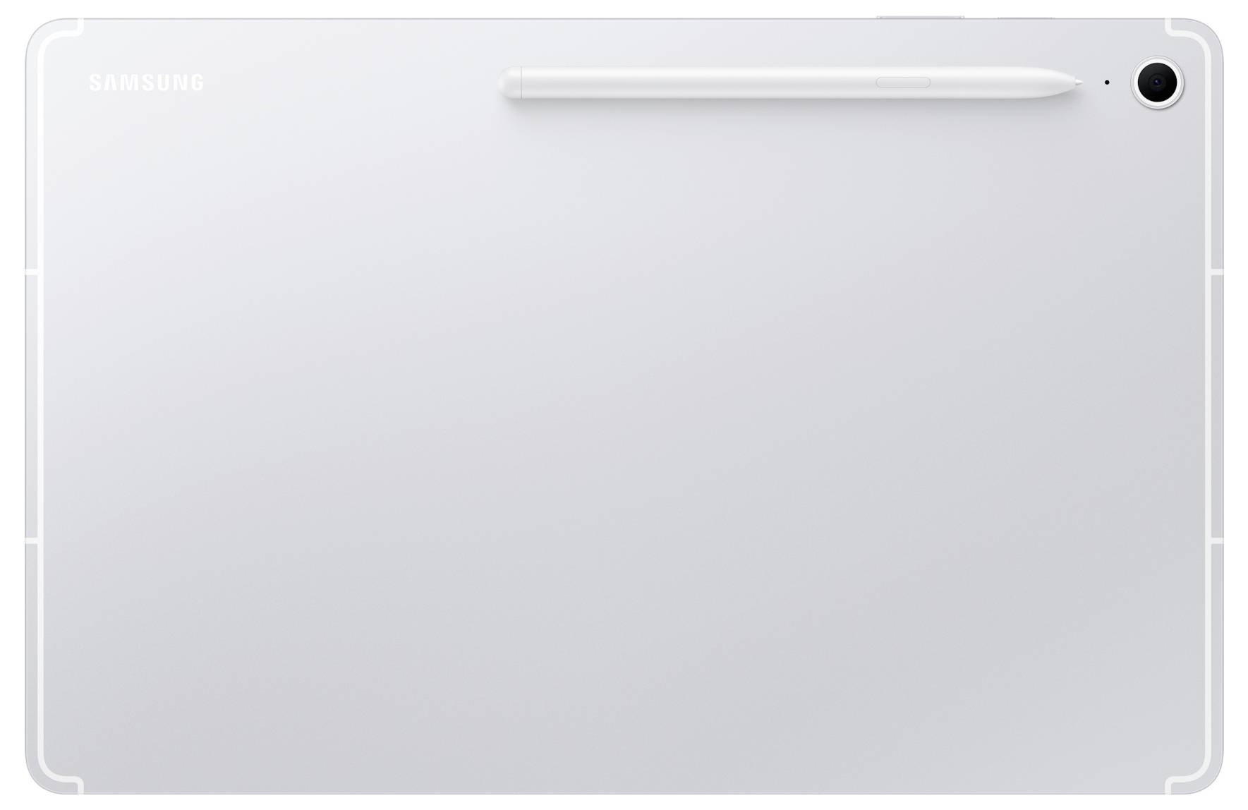 Rückseite eines silbernen Samsung-Tablets mit zentralisierter Rückfahrtkamera und Stylus, der entlang der oberen Kante befestigt ist.