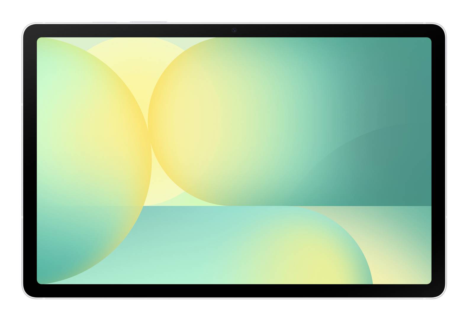 Ein Tablet-Bildschirm mit einem abstrakten geometrischen Farbverlauf in Blaugrün, Gelb und Grün.