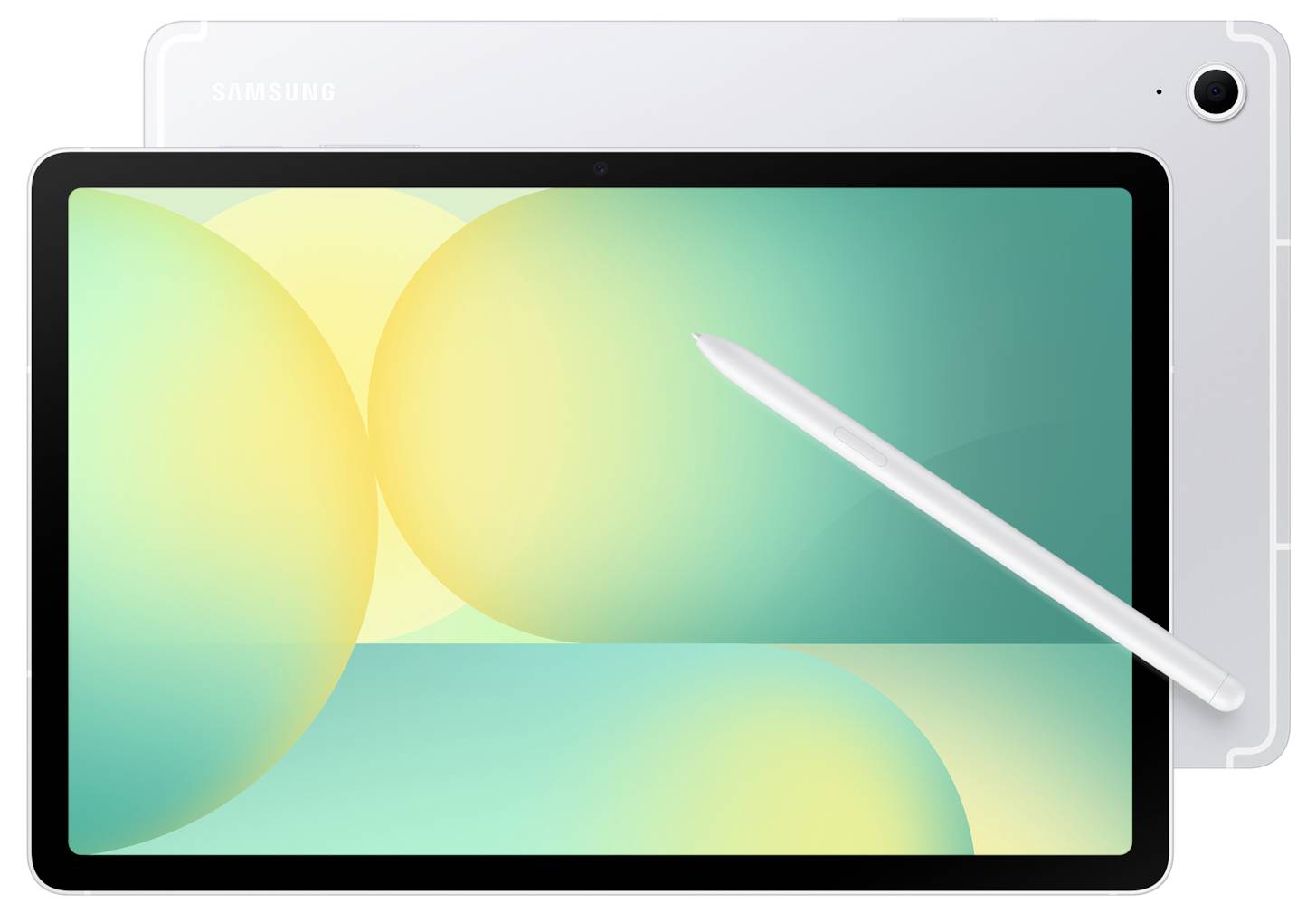 Samsung-Tablet mit Stylus auf dem Bildschirm, im Querformat mit farbenfroher abstrakter Tapete dargestellt.