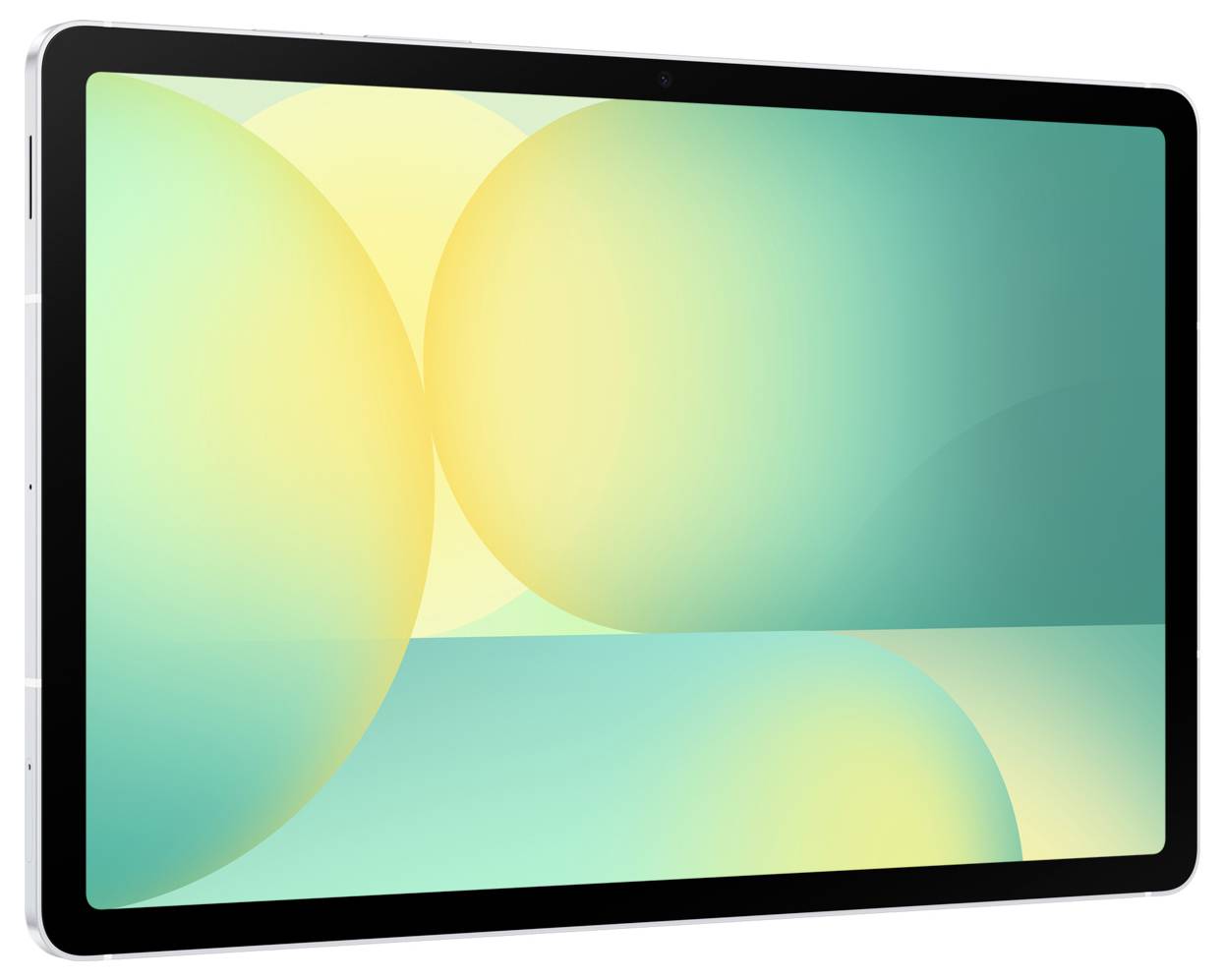 Tablet mit einem farbenfrohen abstrakten Gradient-Hintergrundbild auf dem Bildschirm, leicht angewinkelt auf weißem Hintergrund dargestellt.