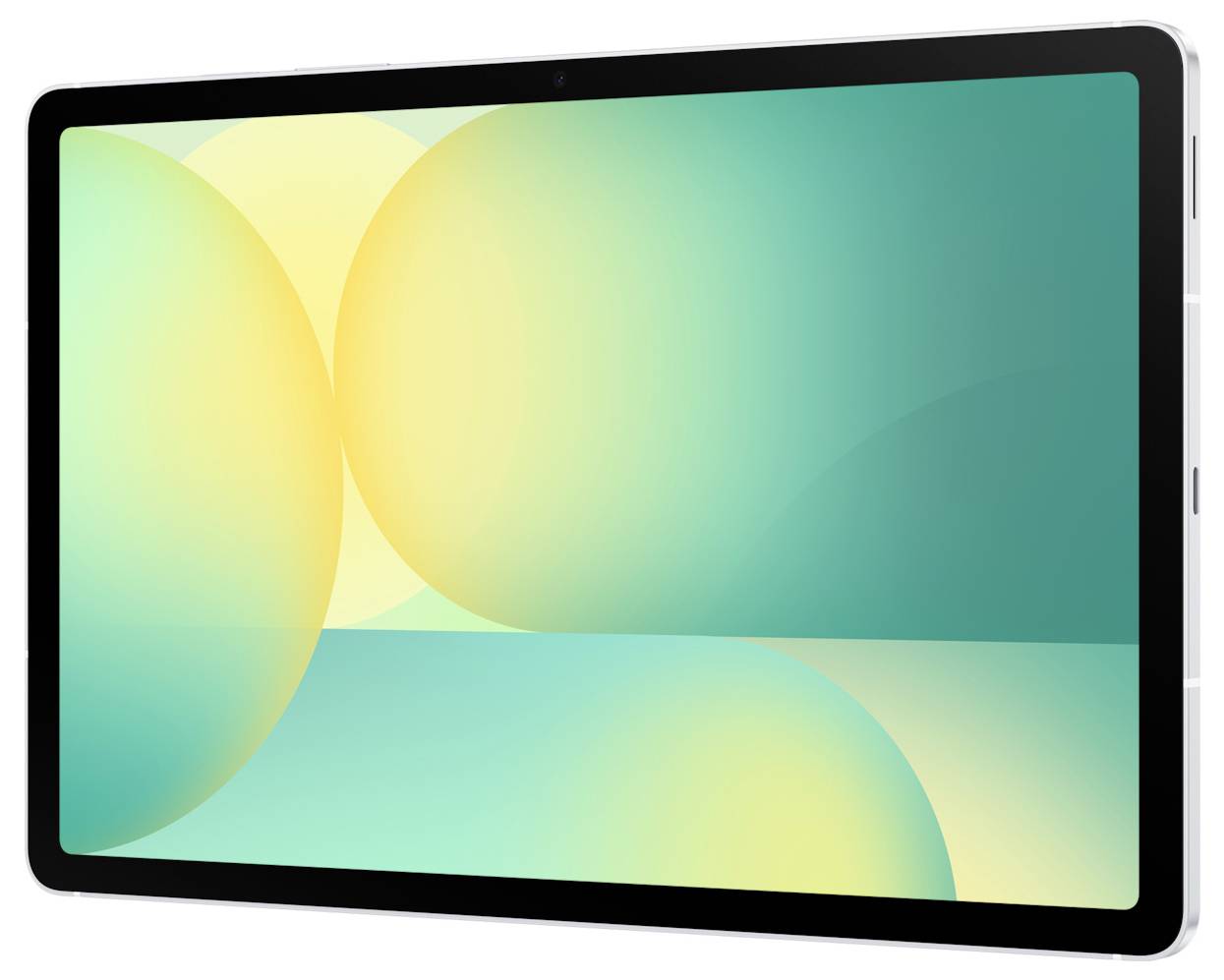 Ein Tablet, das eine blaugrüne und gelbe abstrakte Hintergrundgrafik mit überlappenden Kreisen und Farbverläufen anzeigt.