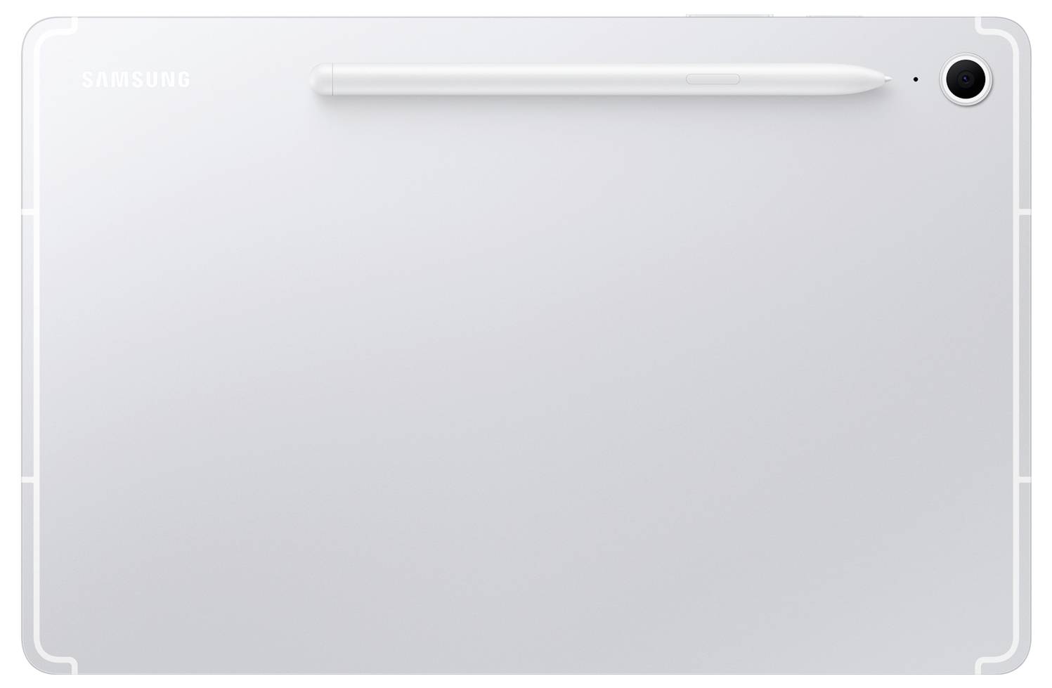 Rückseite eines silbernen Samsung-Tablets mit einer rückseitigen Kamera in der oberen rechten Ecke und einem Stylus, der magnetisch entlang der oberen Kante befestigt ist.