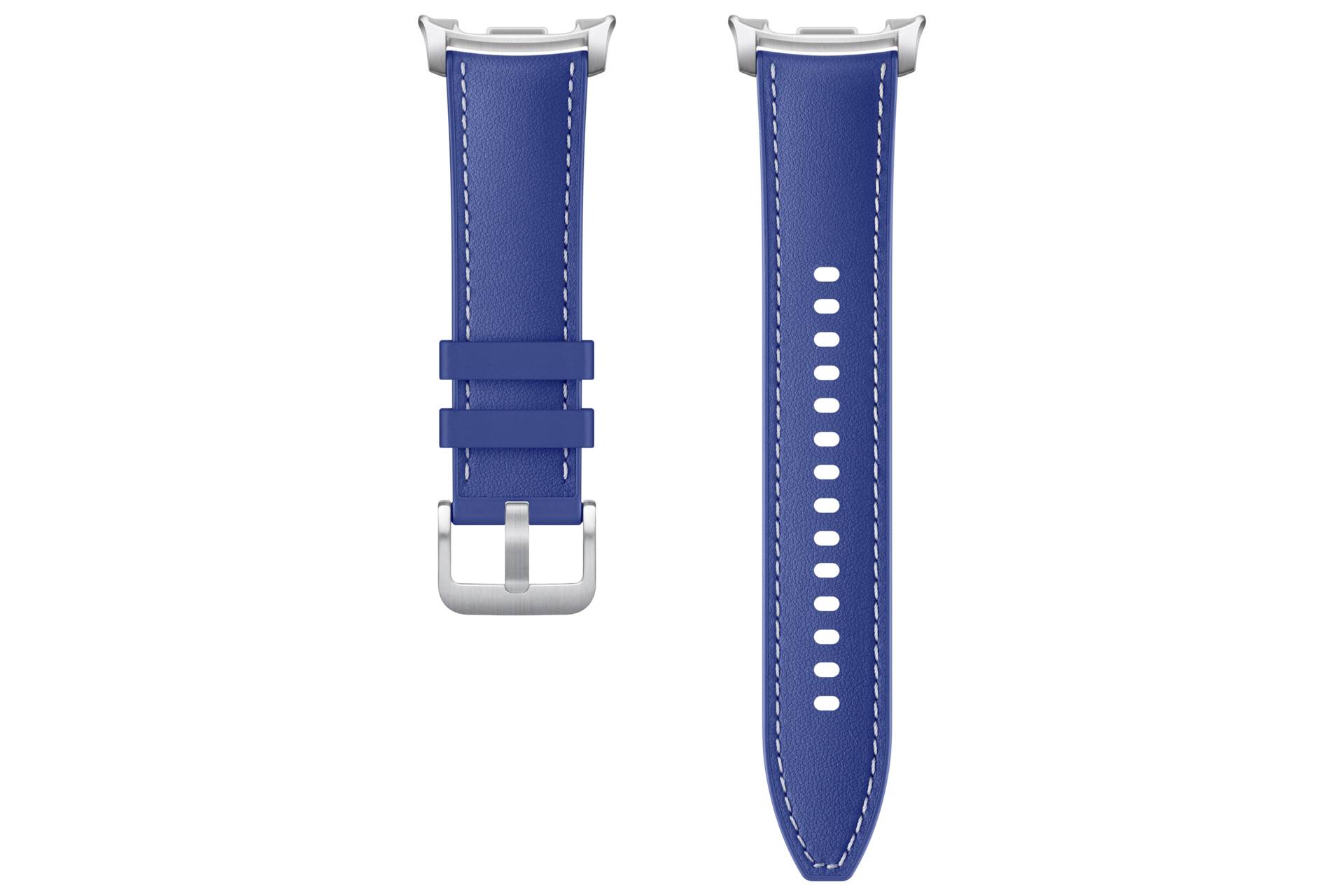 Blaues Lederarmband von vorne und hinten gezeigt, mit silbernem Verschluss und weißer Naht