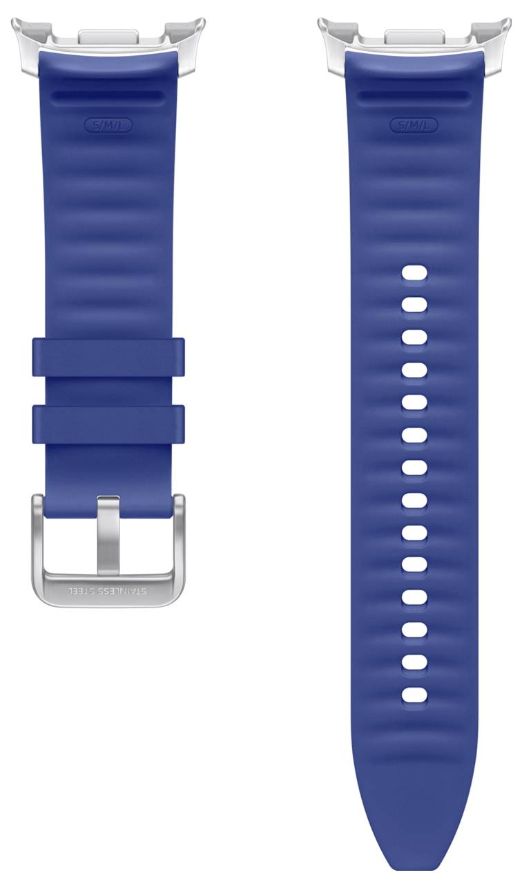 Blaues Silikon-Uhrenarmband, von vorne und von hinten gezeigt, mit silbernem Verschluss und mehreren Größenlöchern.