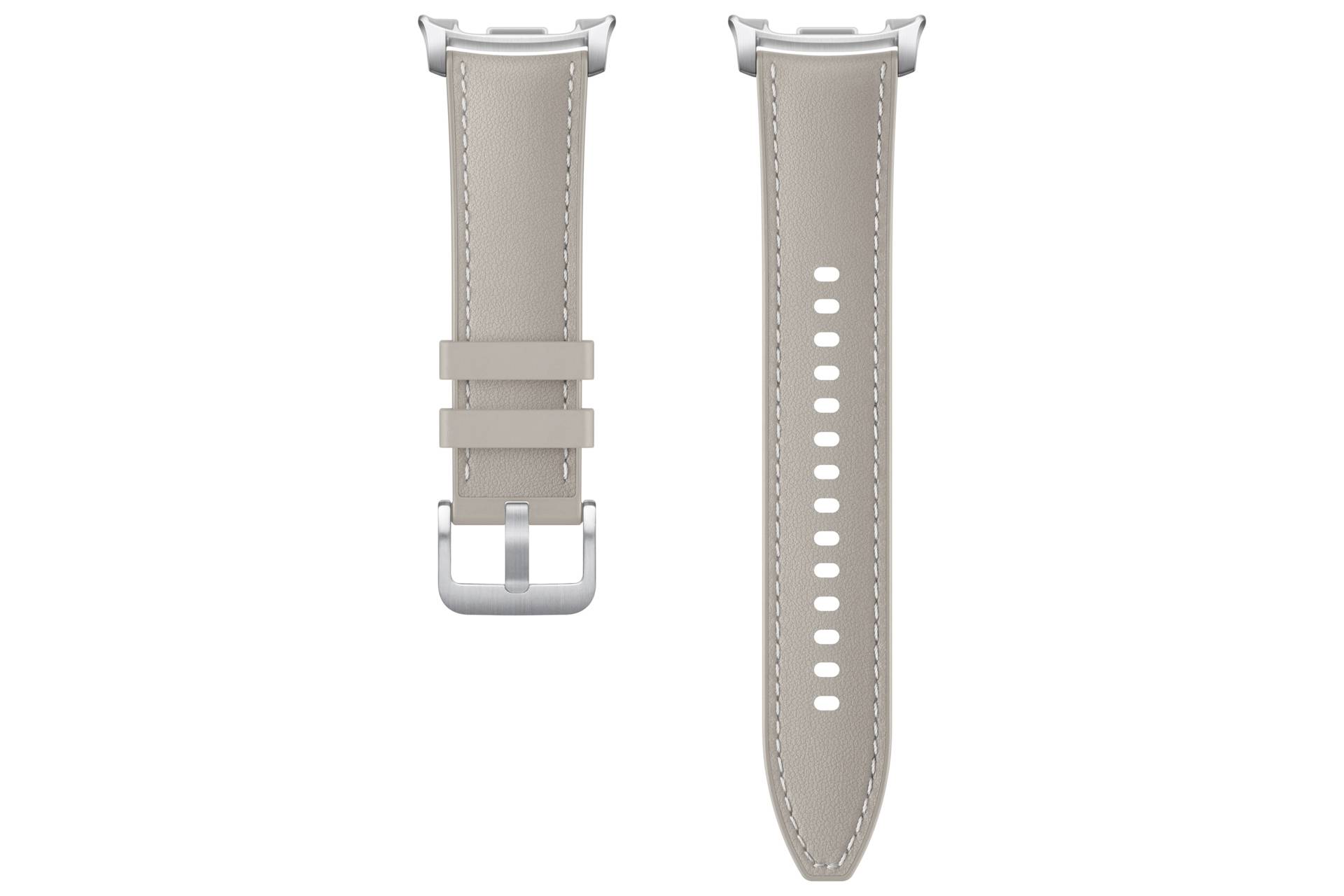 Zwei taupebraune Silikon-Uhrenarmbänder, von vorne und von hinten gezeigt, mit einer Metallschnalle und mehreren Größenlöchern.