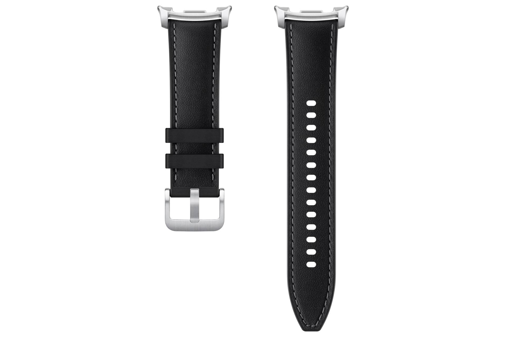 Schwarzes Lederarmband mit silberner Schnalle und perforierten Verstelllöchern, von vorne und hinten auf weißem Hintergrund dargestellt.