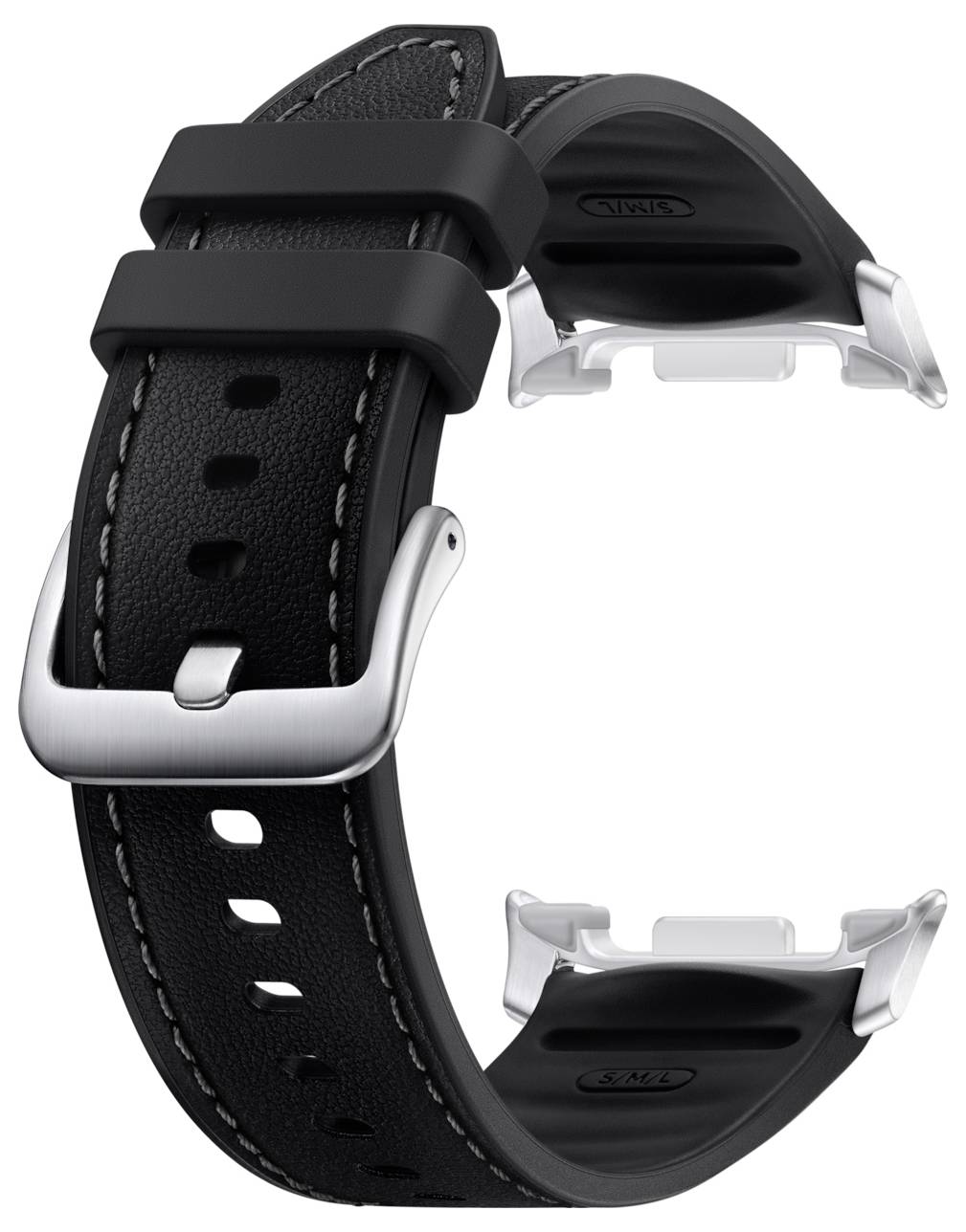 Schwarzes Lederarmband mit silberner Metallschnalle und schwarzem Verschluss, isoliert auf weißem Hintergrund dargestellt.