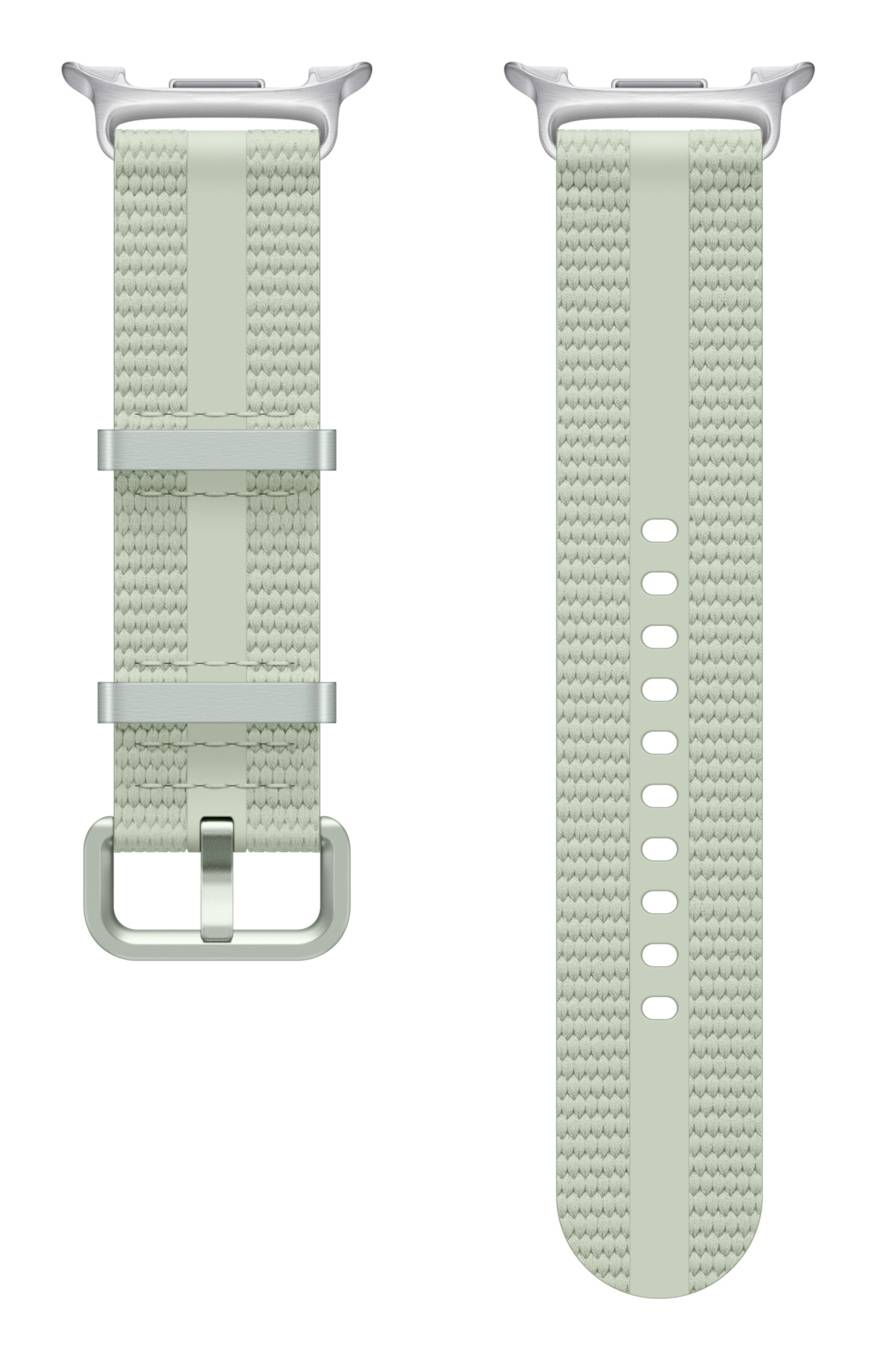 Zwei Ansichten eines hellgrünen gewebten Uhrenarmbands mit Metallschnalle und Verstelllöchern, von vorne und hinten gezeigt.