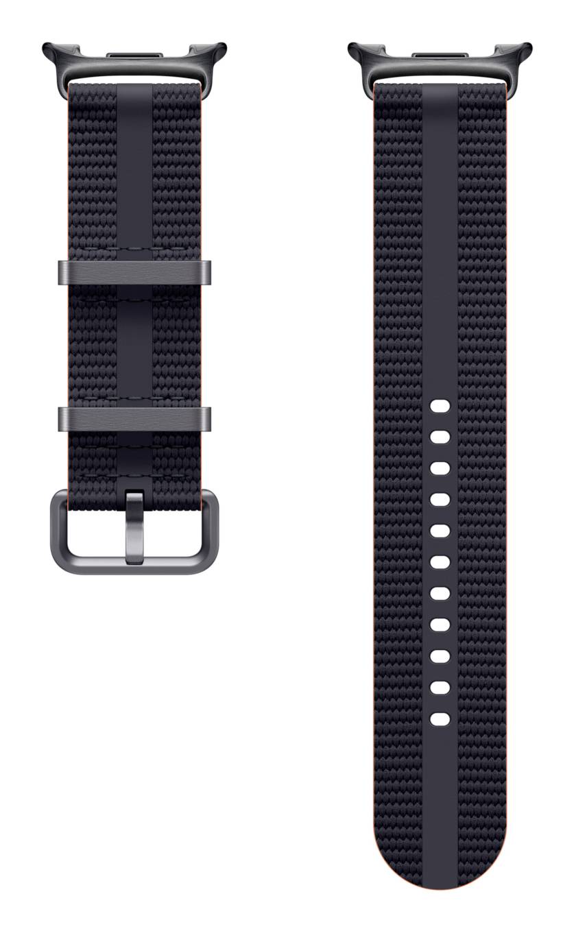 Schwarzes gewebtes Uhrenarmband, von vorne und hinten gezeigt, mit Metallschnalle, zwei Schlaufen und mehreren Verstelllöchern.