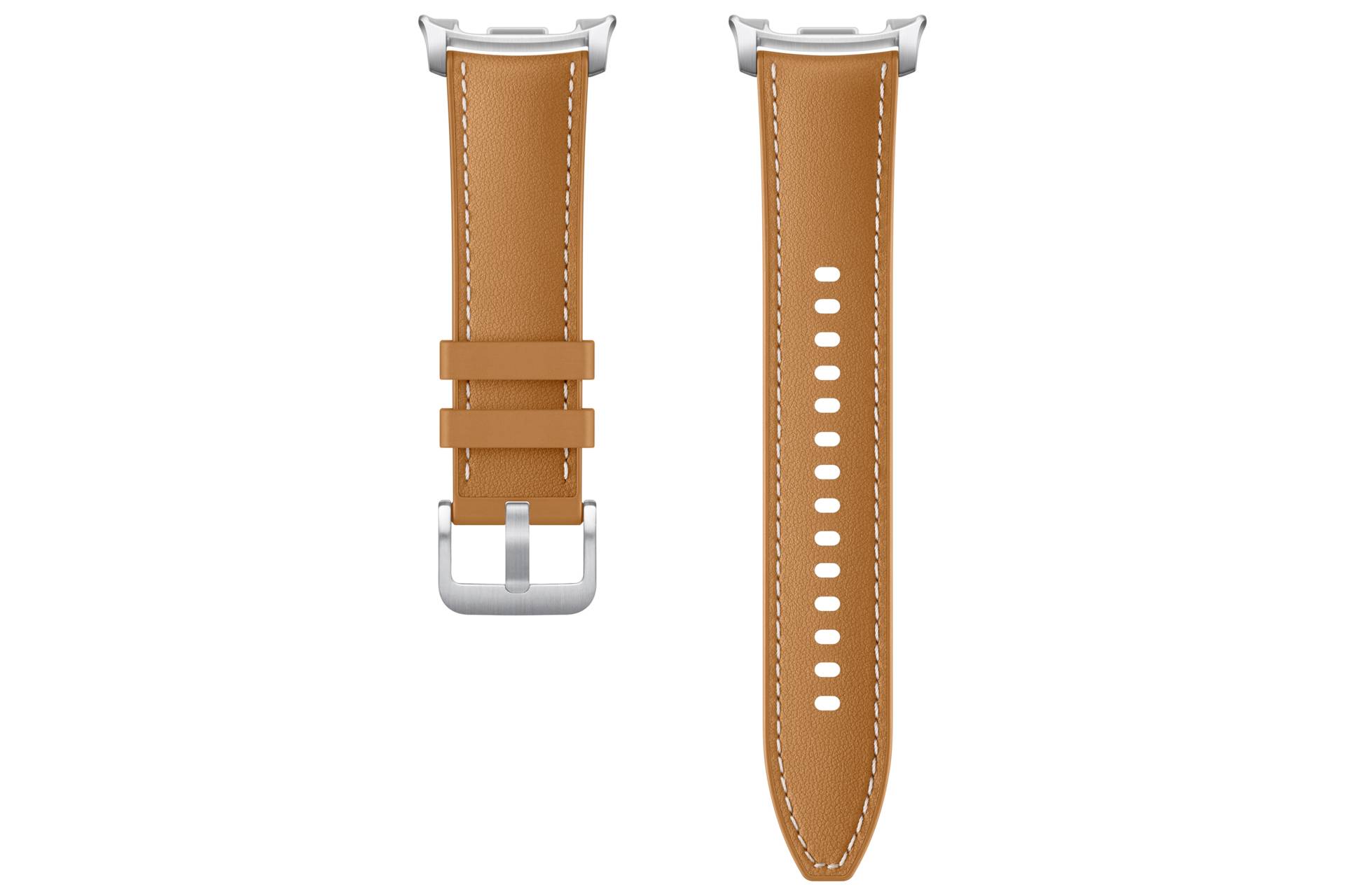 Zwei orange Lederwatchbänder von vorne und hinten gezeigt, mit silbernen Schnallen und Nähten.