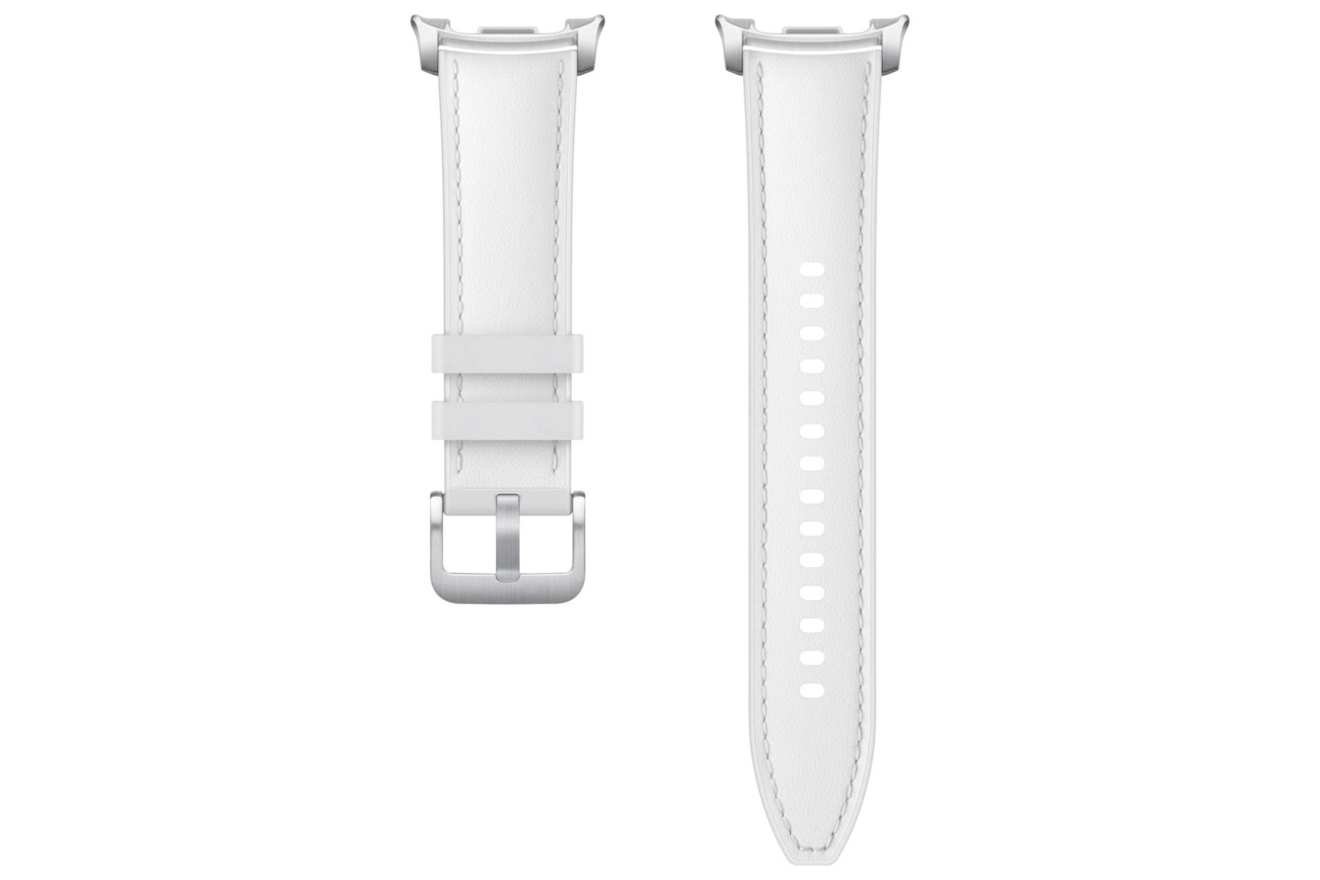 Weißes Uhrenarmband von vorne und hinten gezeigt, mit Schnalle an einem Ende und Verstelllöchern am anderen Ende.