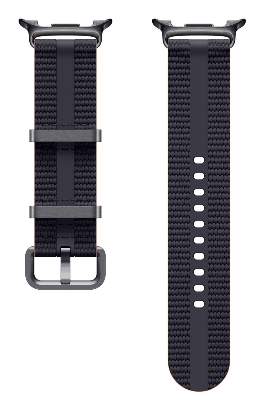 Schwarzes gewebtes Uhrenarmband von vorne und hinten gezeigt, mit Metallschnalle, zwei Schlaufen und mehreren Größenlöchern.
