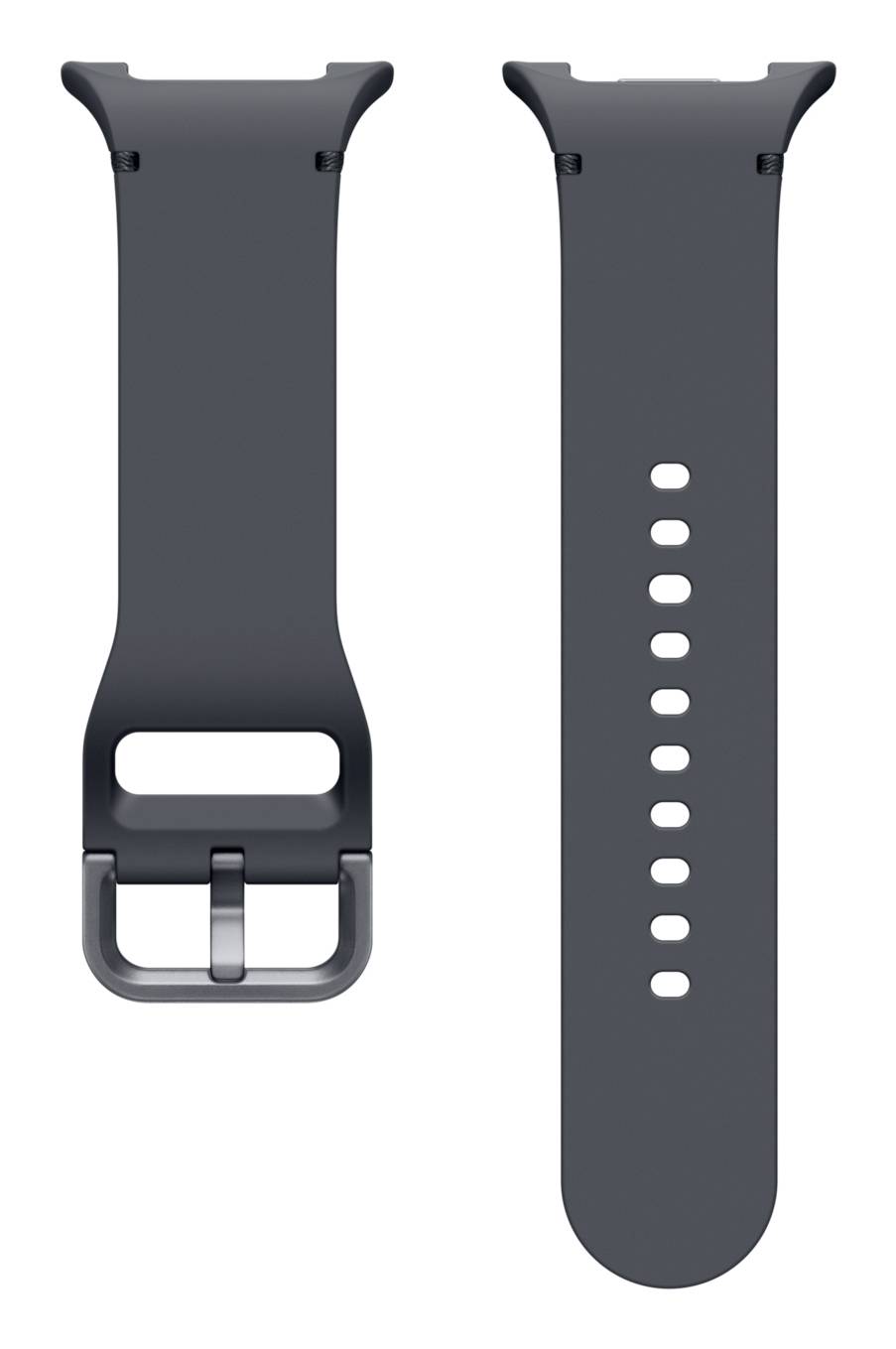 Dunkelgraues Smartwatch-Armband mit Schnallenverschluss und mehreren Verstelllöchern, von vorne und hinten auf weißem Hintergrund dargestellt.