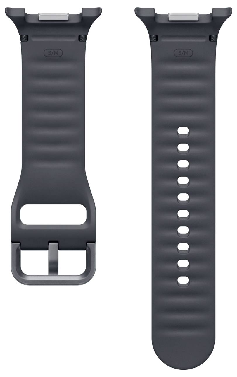 Zwei Ansichten eines dunkelgrauen Silikon-Uhrenarmbands: Vorderseite mit Metallschließe und ovalem Ausschnitt, Rückseite mit mehreren Einstellungslöchern.